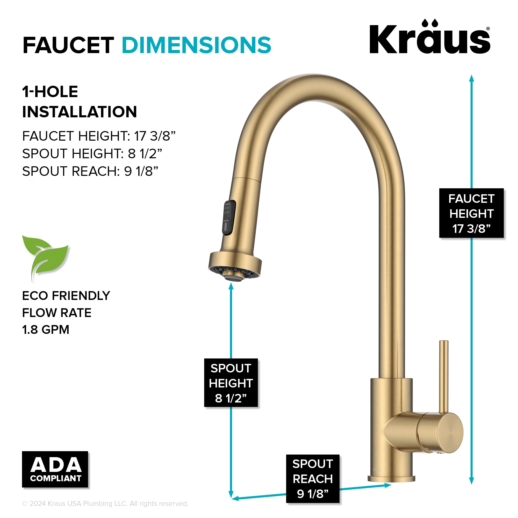 KRAUS 2-Function Single Handle Pull Down Kitchen Faucet in Spot-Free Brushed Brass