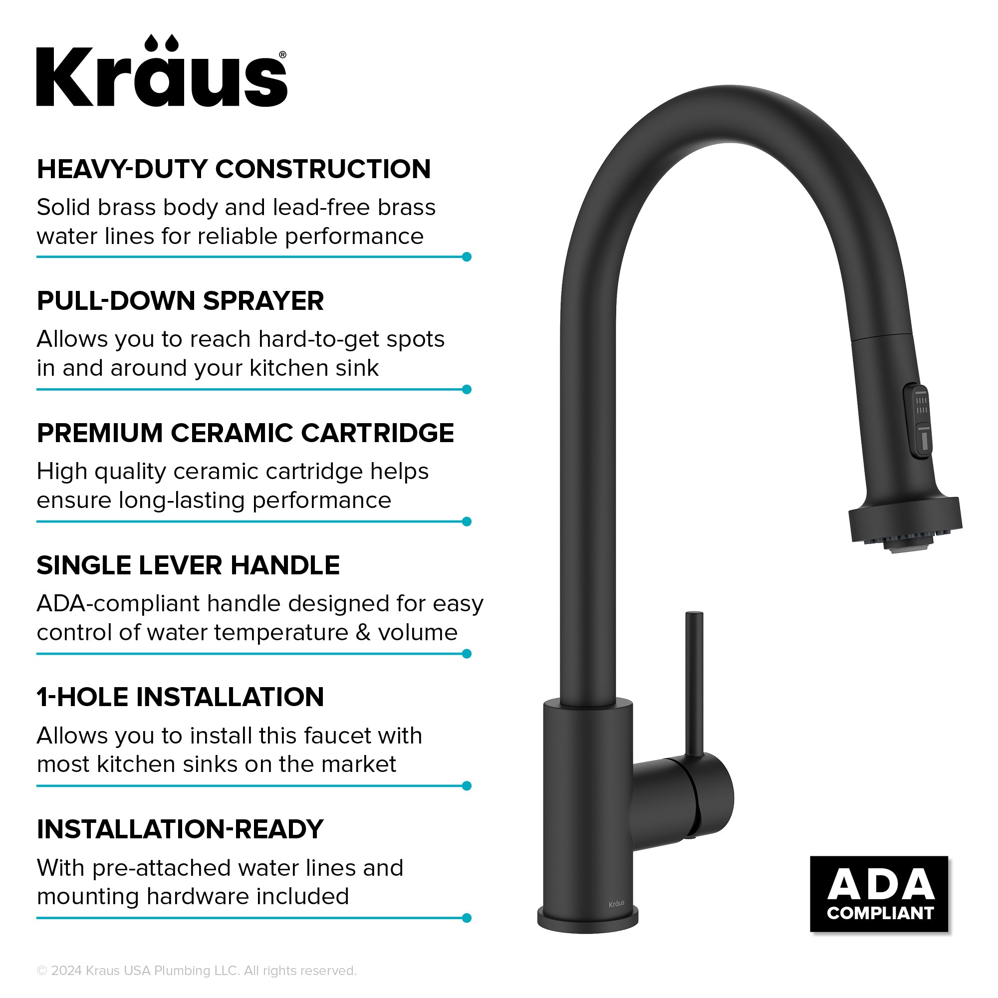 KRAUS 2-Function Single Handle Pull Down Kitchen Faucet in Matte Black