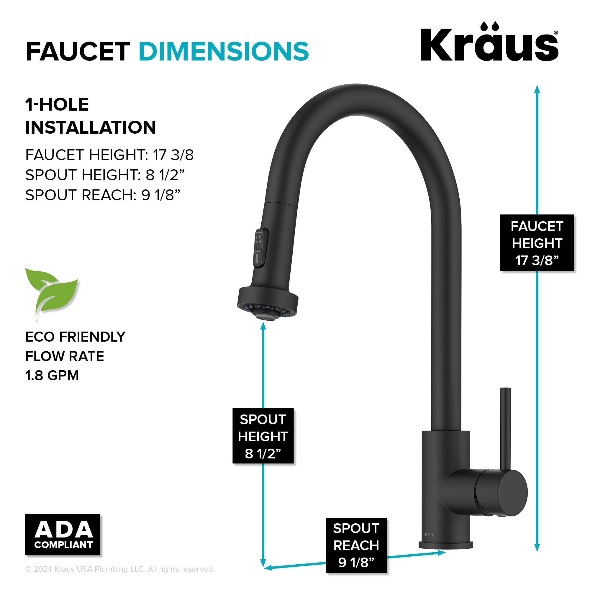 KRAUS 2-Function Single Handle Pull Down Kitchen Faucet in Matte Black