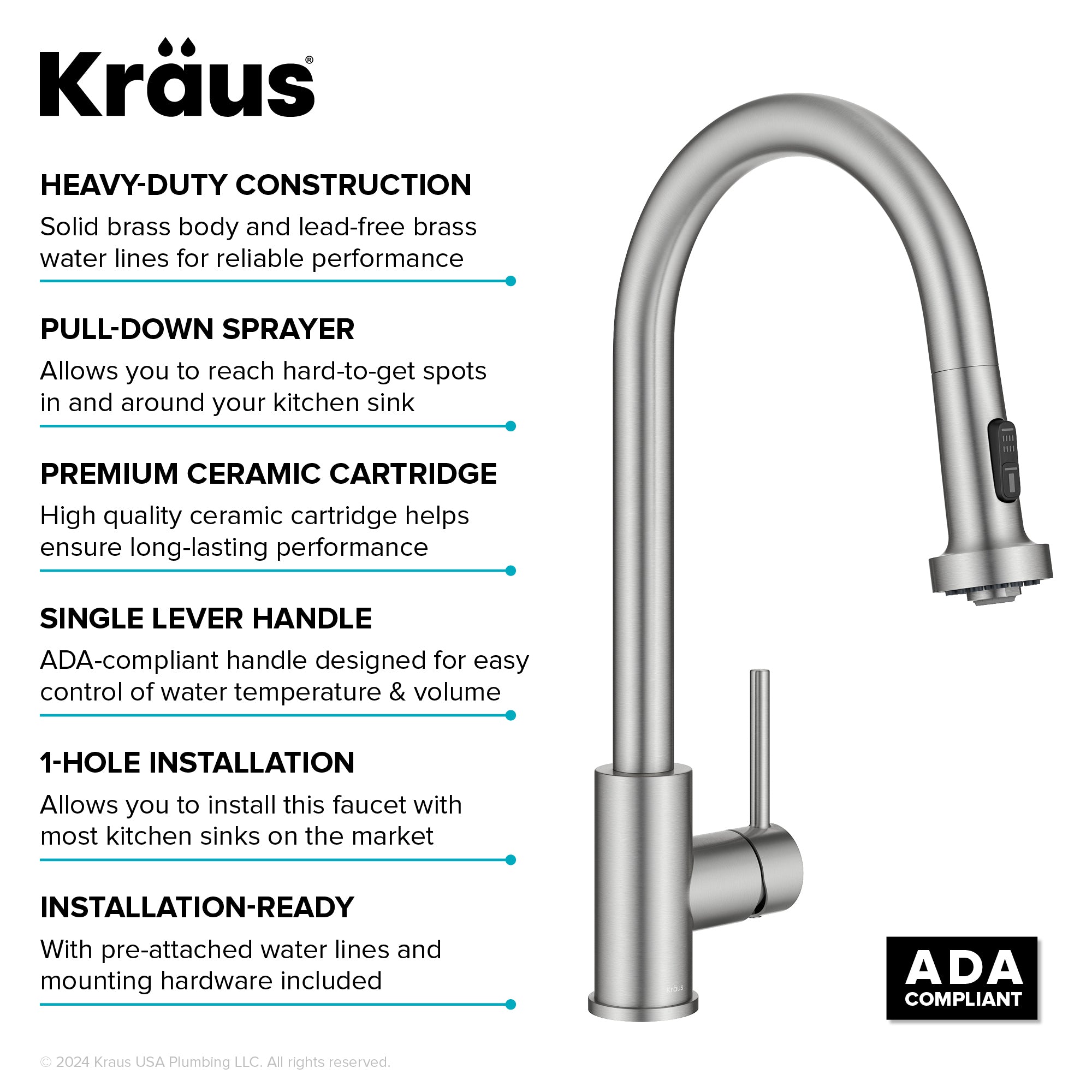 KRAUS 2-Function Single Handle Pull Down Kitchen Faucet in Spot-Free Stainless