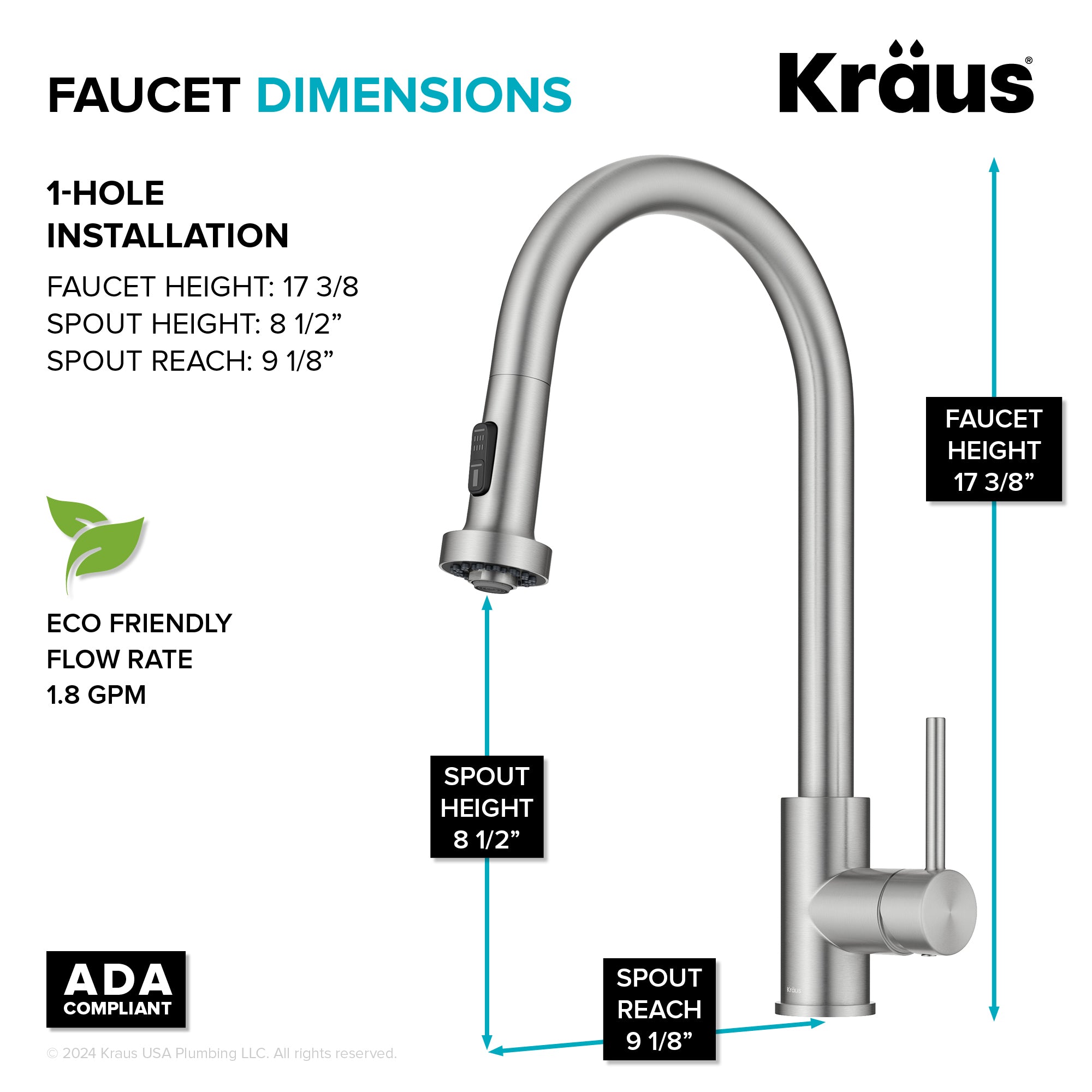 KRAUS 2-Function Single Handle Pull Down Kitchen Faucet in Spot-Free Stainless