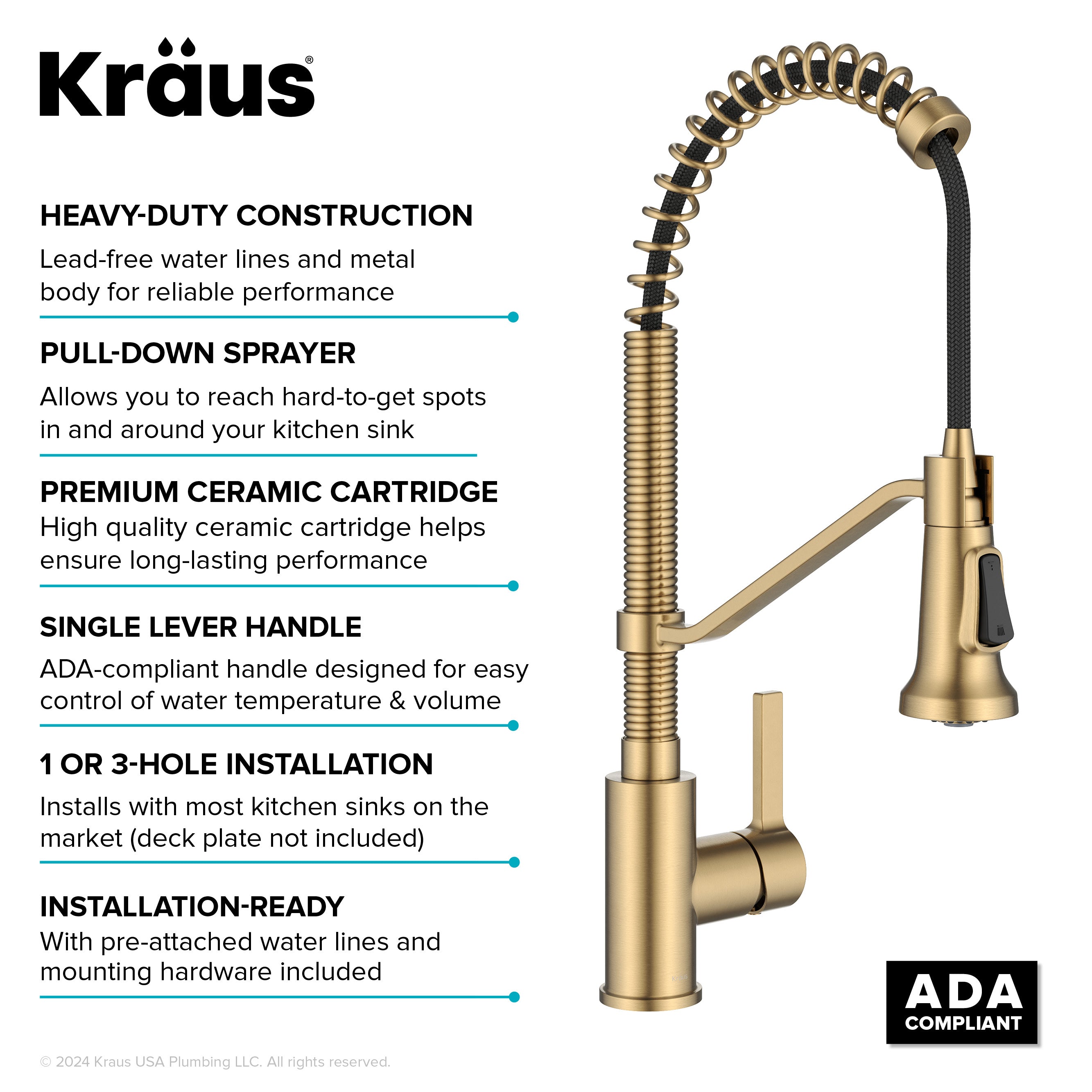 KRAUS Britt Single Handle Pull Down Kitchen Faucet in Spot-Free Brushed Brass