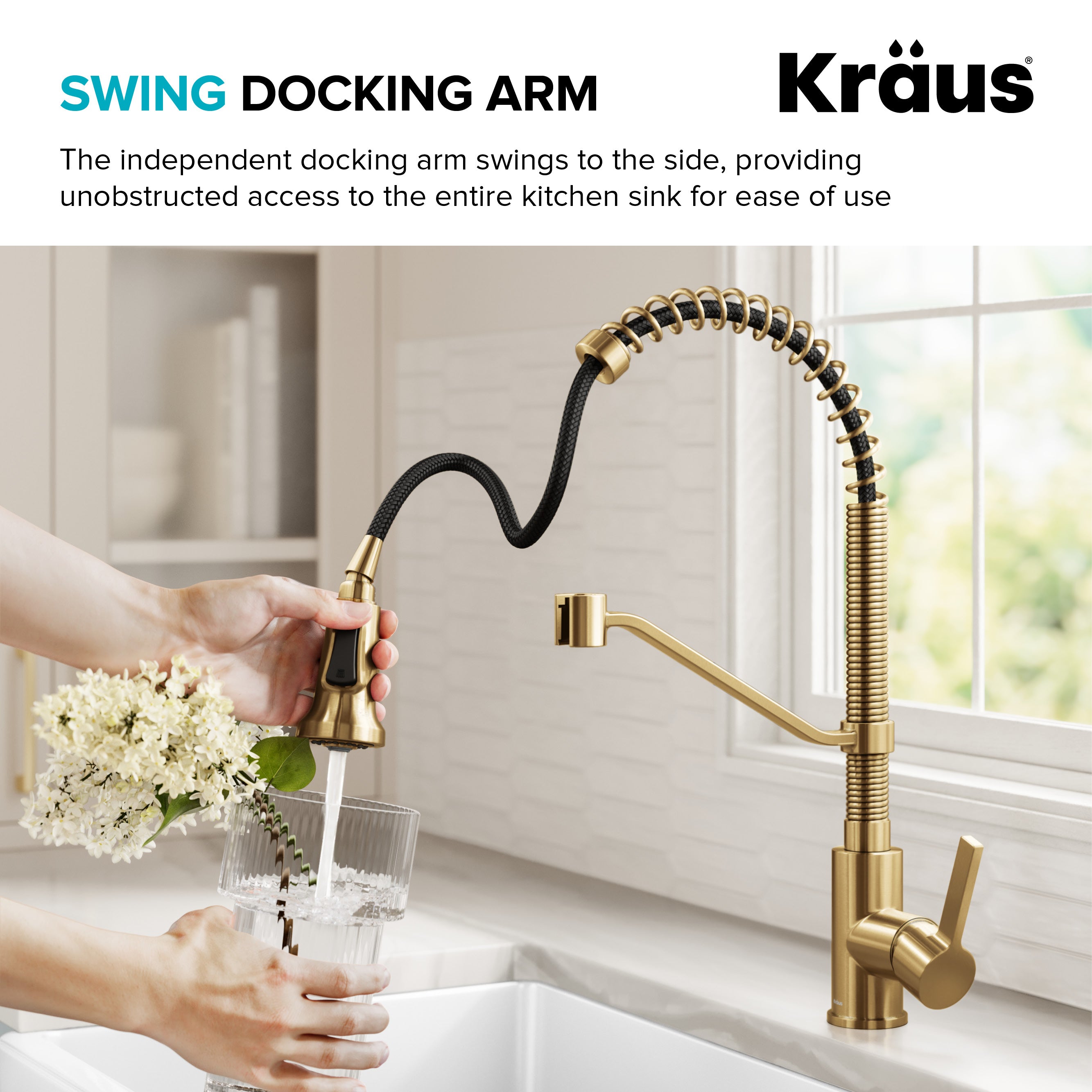 KRAUS Britt Single Handle Pull Down Kitchen Faucet in Spot-Free Brushed Brass