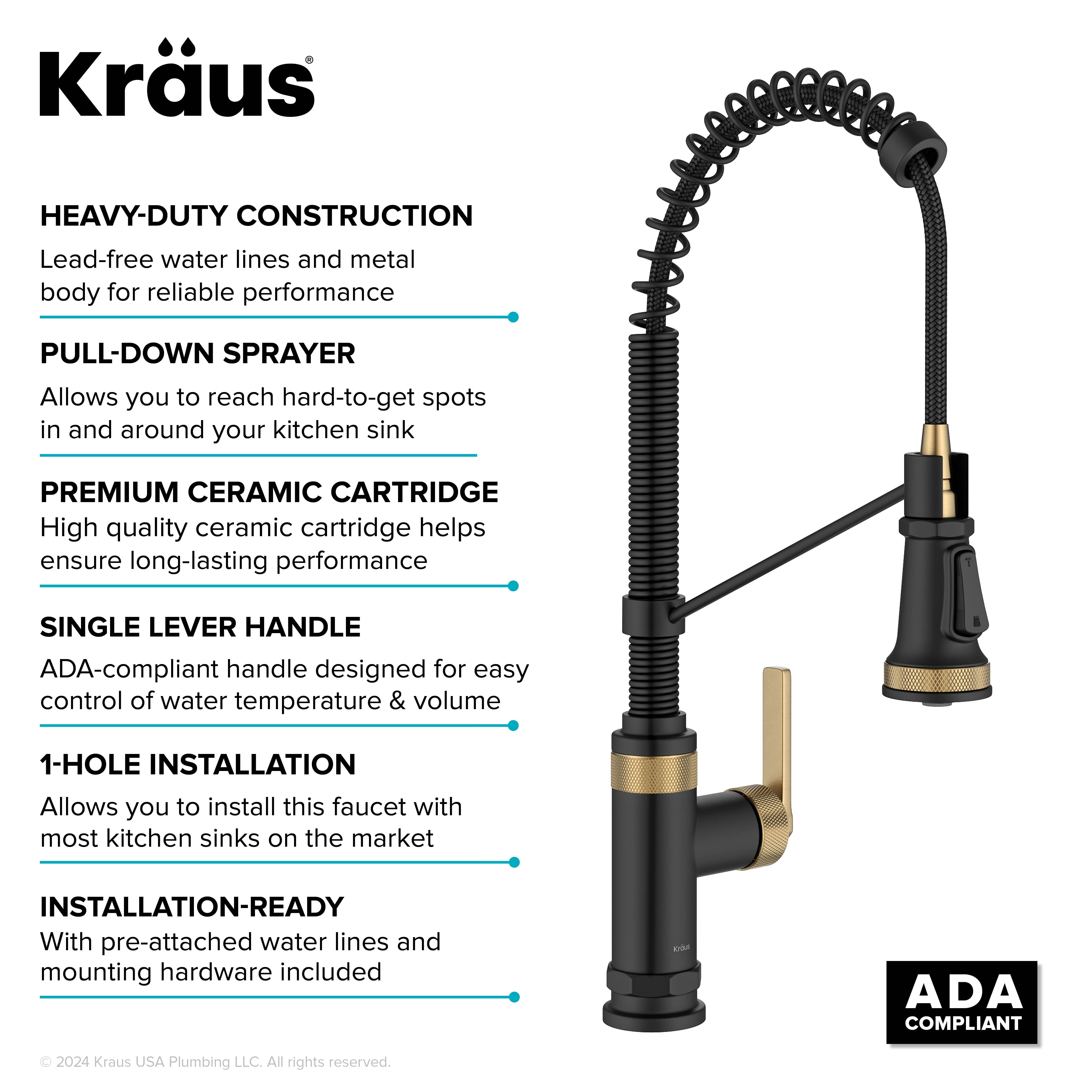 KRAUS Allyn Single Handle Pull Down Kitchen Faucet in Matte Black & Brushed Brass