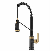 KRAUS Allyn Single Handle Pull Down Kitchen Faucet in Spot-Free Brushed Brass + Matte Black