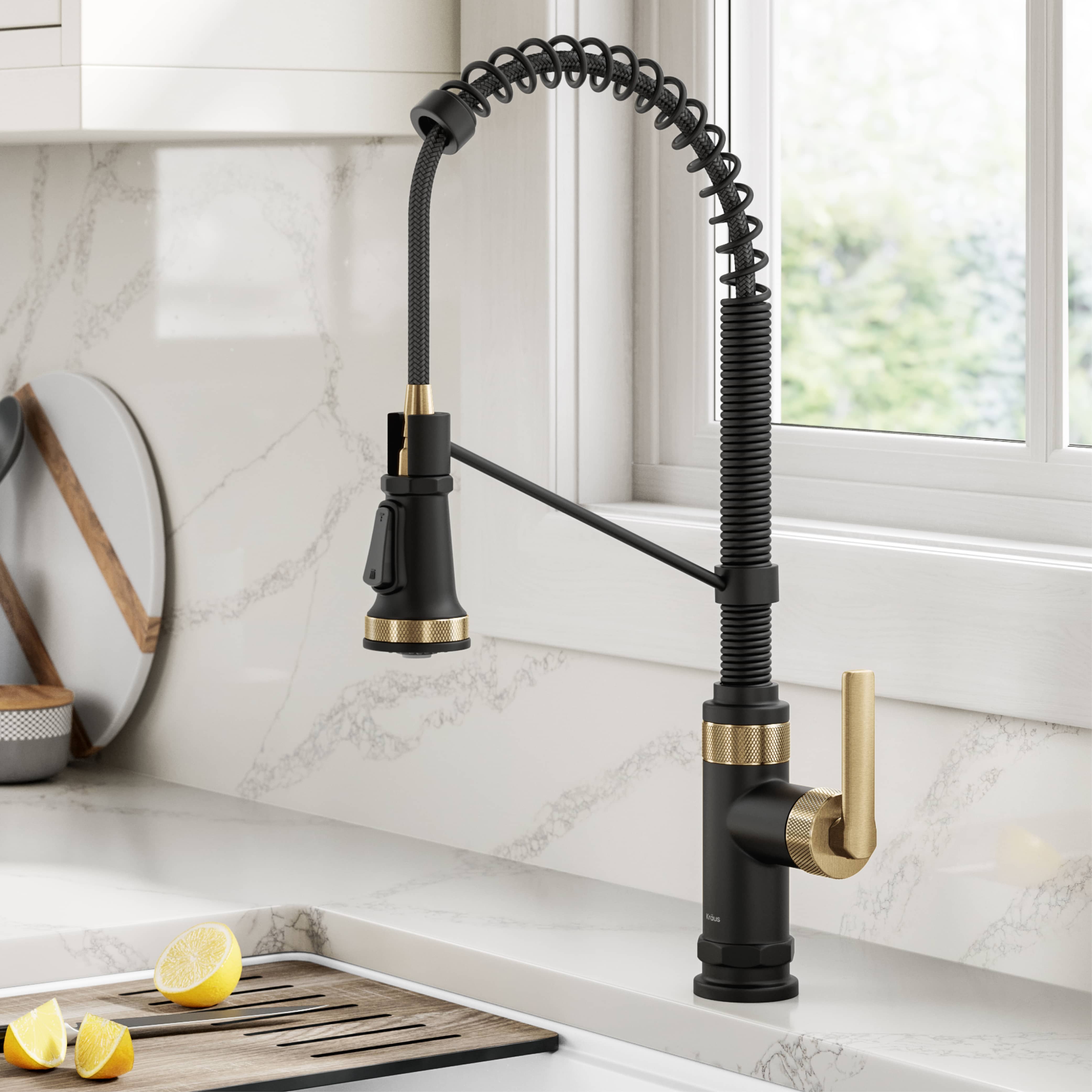 KRAUS Allyn Single Handle Pull Down Kitchen Faucet in Matte Black & Brushed Brass