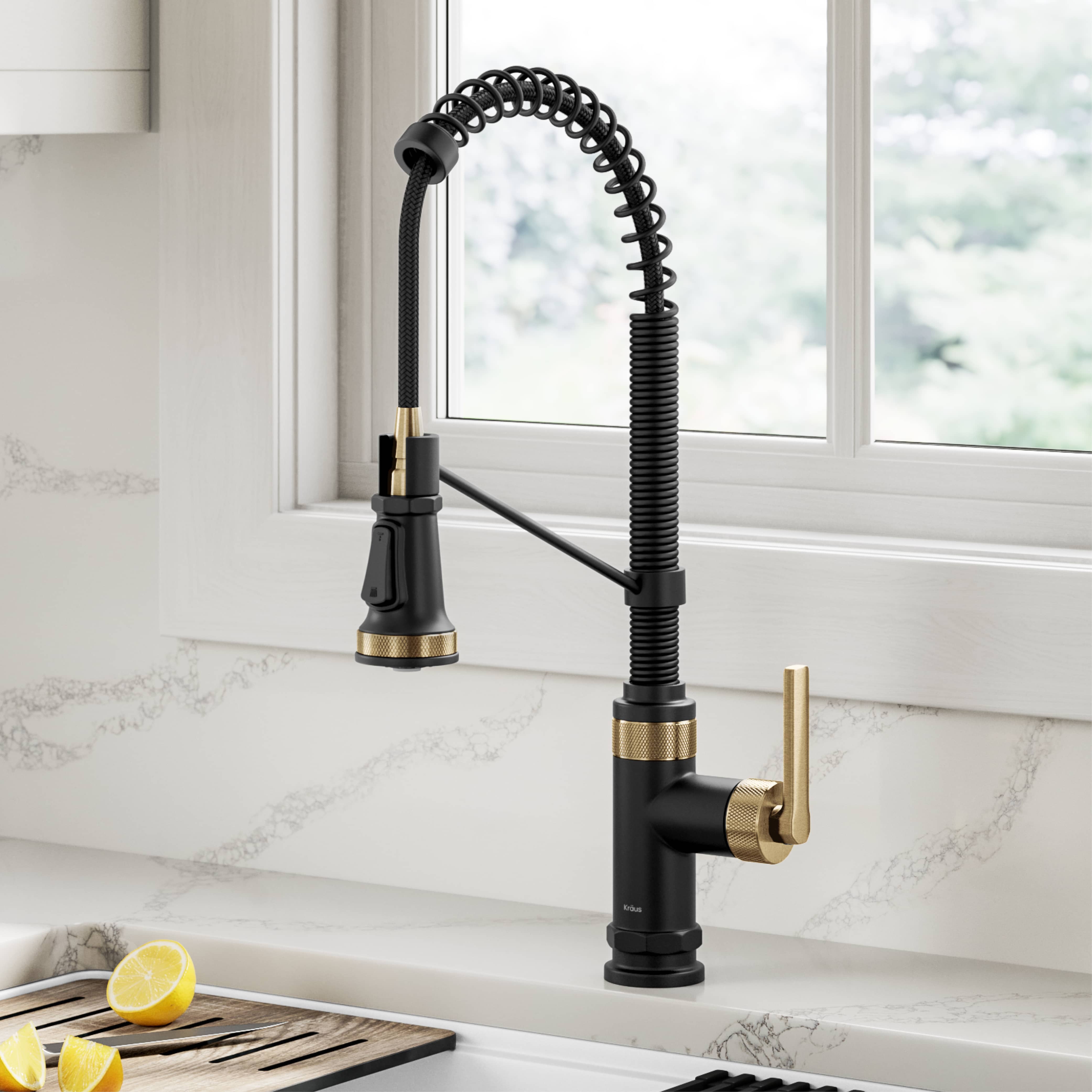 KRAUS Allyn Single Handle Pull Down Kitchen Faucet in Matte Black & Brushed Brass