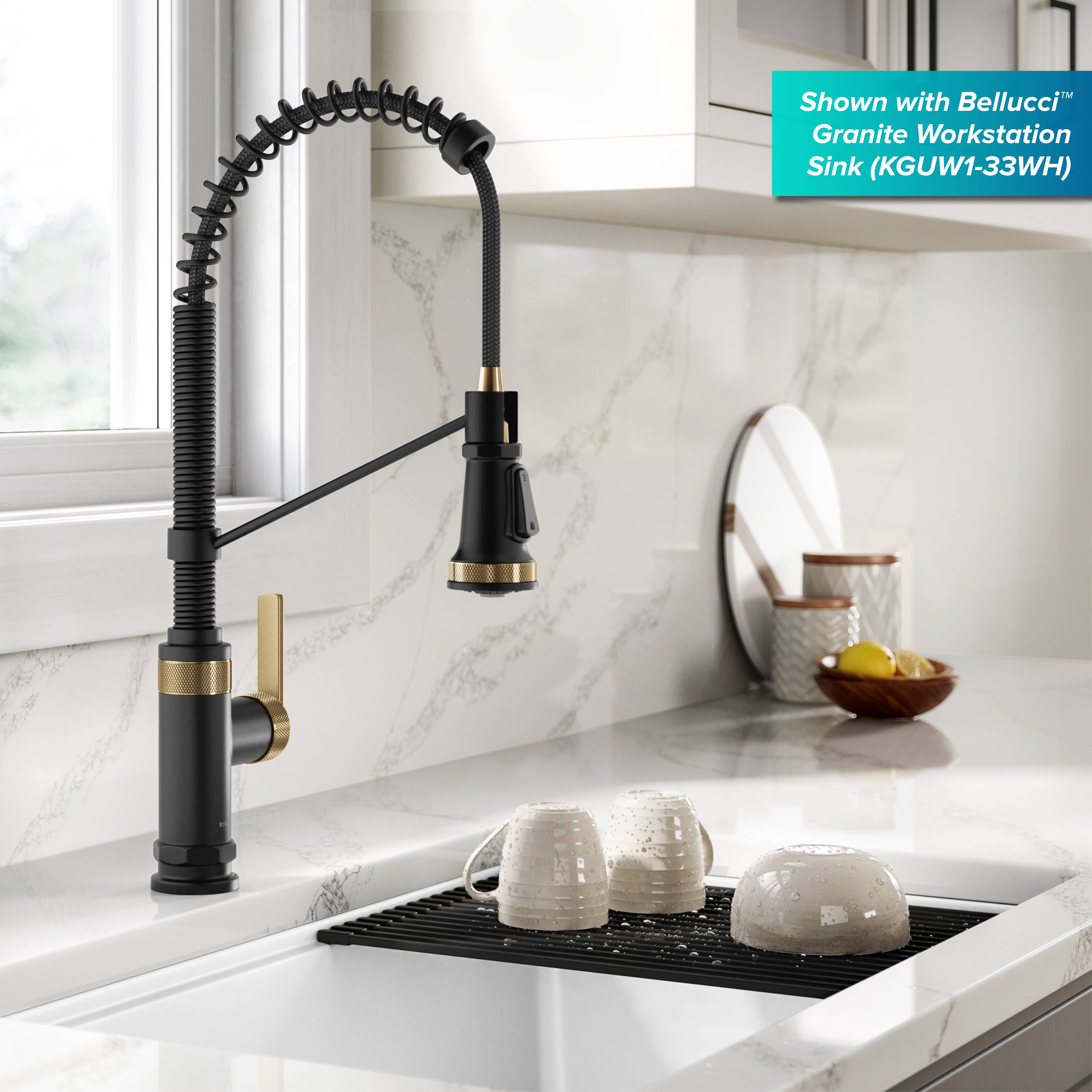 KRAUS Allyn Single Handle Pull Down Kitchen Faucet in Matte Black & Brushed Brass