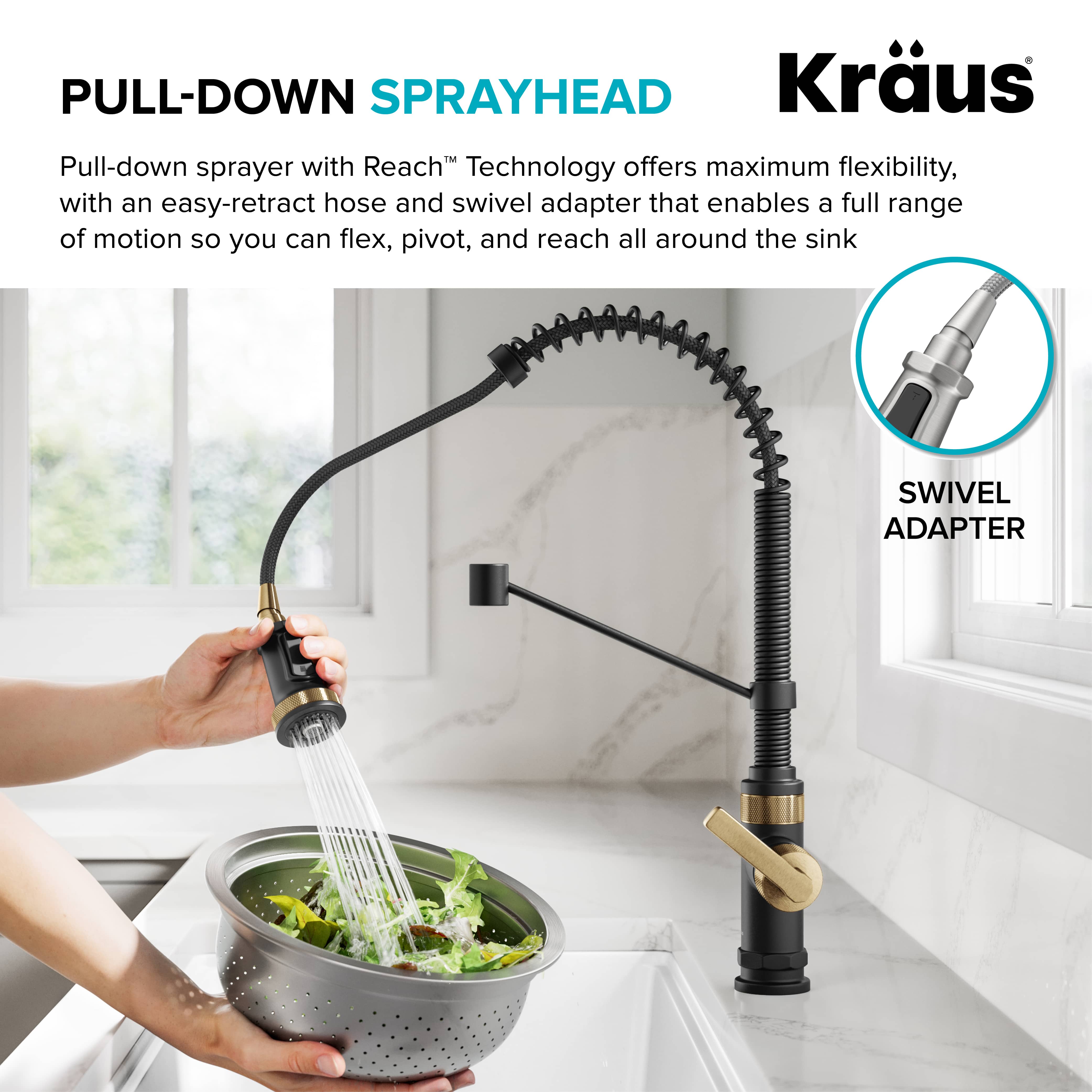 KRAUS Allyn Single Handle Pull Down Kitchen Faucet in Matte Black & Brushed Brass