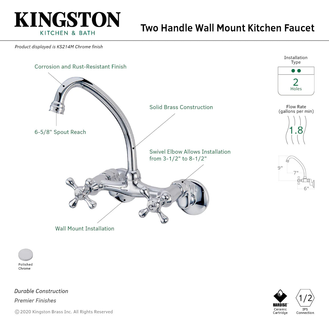 Kingston Brass Kingston 6" Adjustable Center Wall Mount Kitchen Faucet in Polished Chrome