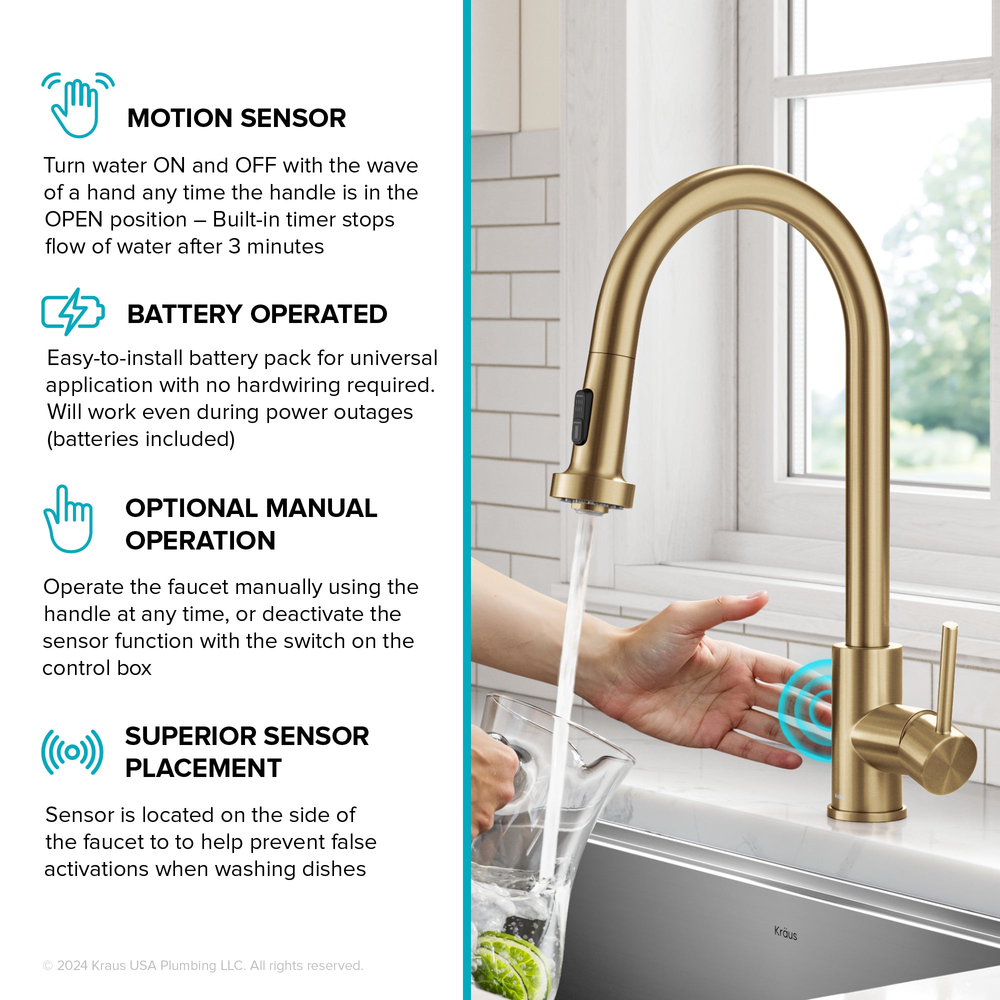 KRAUS Sensor Touchless Single Handle Pull Down Kitchen Faucet in Spot-Free Brushed Brass