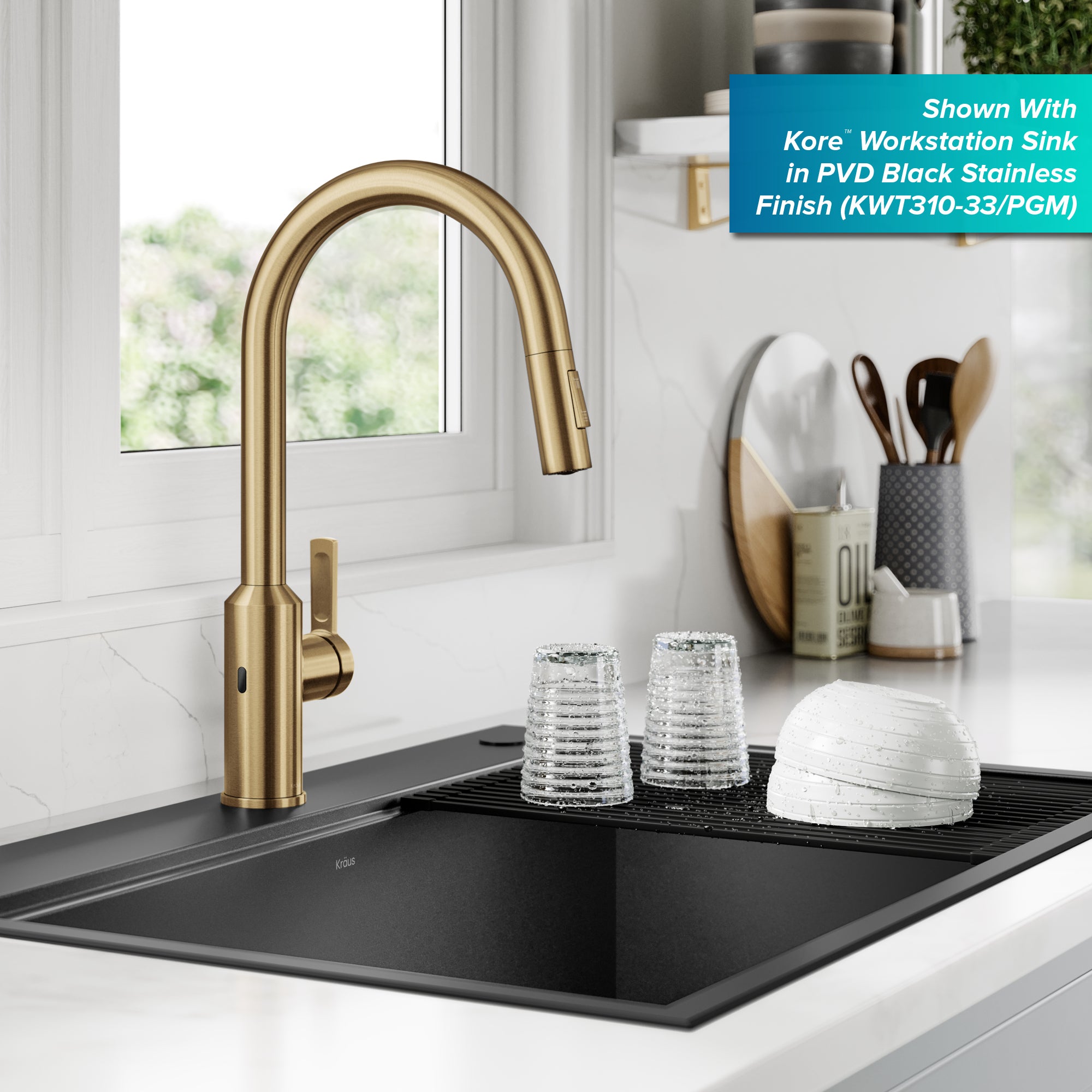 KRAUS Oletto Touchless Pull-Down Kitchen Faucet in Brushed Brass