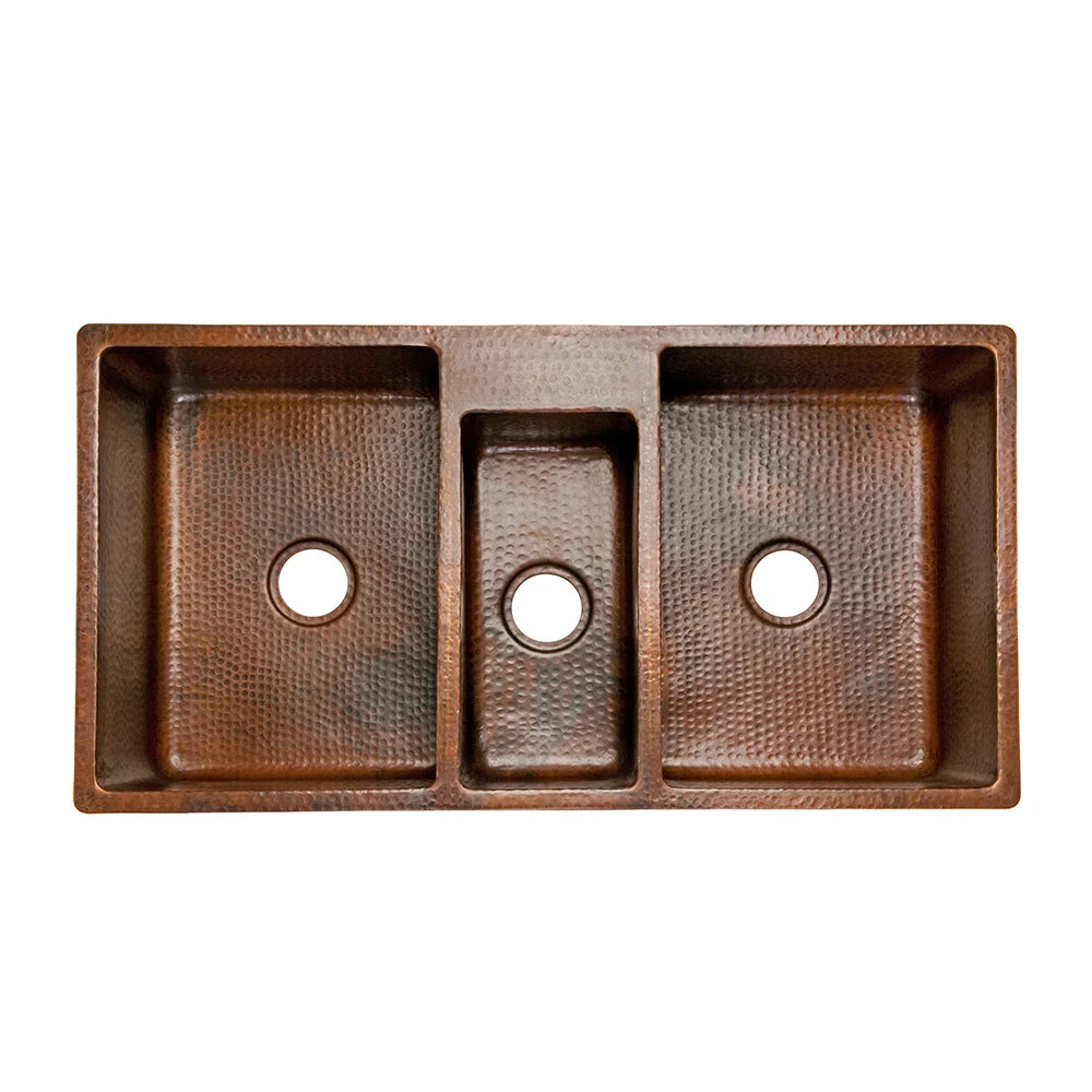 Premier Copper Products 42" Hammered Copper Kitchen Triple Basin Sink