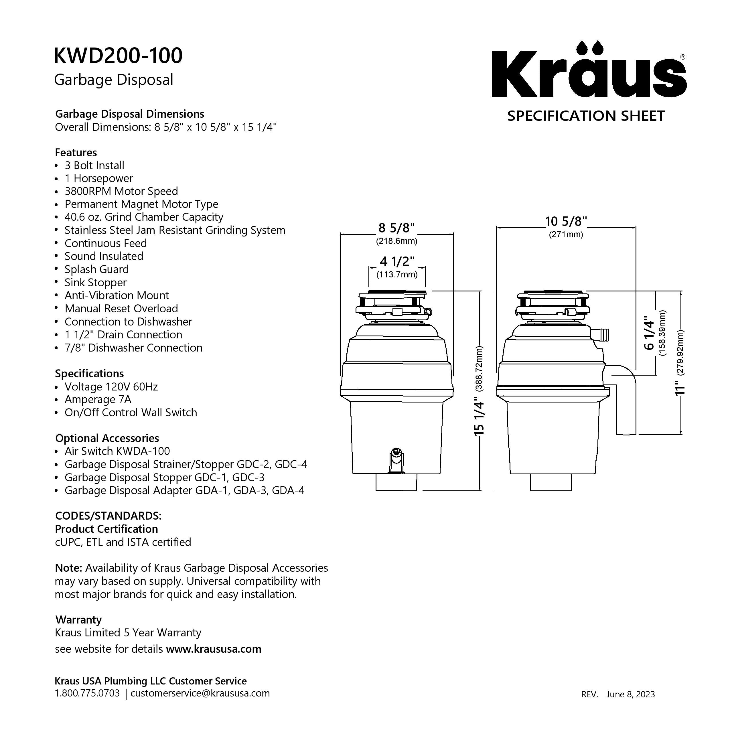 KRAUS WasteGuard High-Speed 1 HP Continuous Feed Ultra-Quie Garbage Disposal with Power Cord - Flange Included