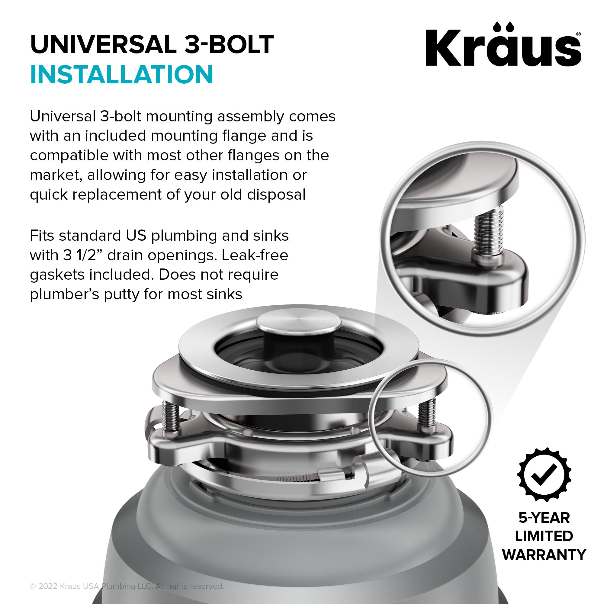 KRAUS WasteGuard High-Speed 1 HP Continuous Feed Ultra-Quie Garbage Disposal with Power Cord - Flange Included