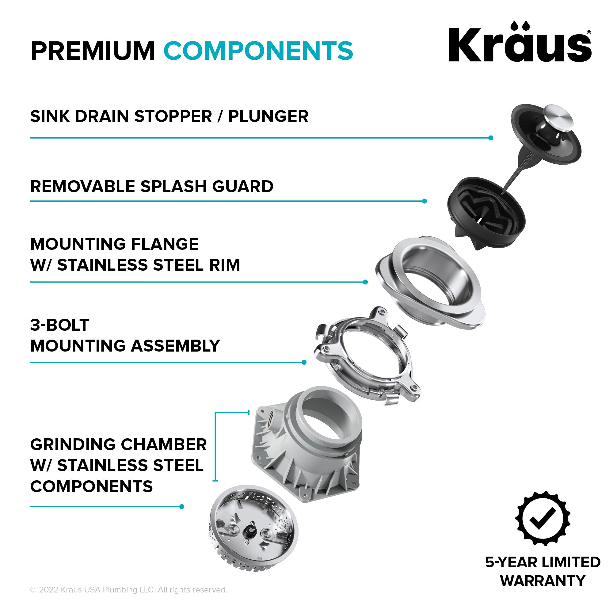 KRAUS WasteGuard High-Speed 1 HP Continuous Feed Ultra-Quie Garbage Disposal with Power Cord - Flange Included