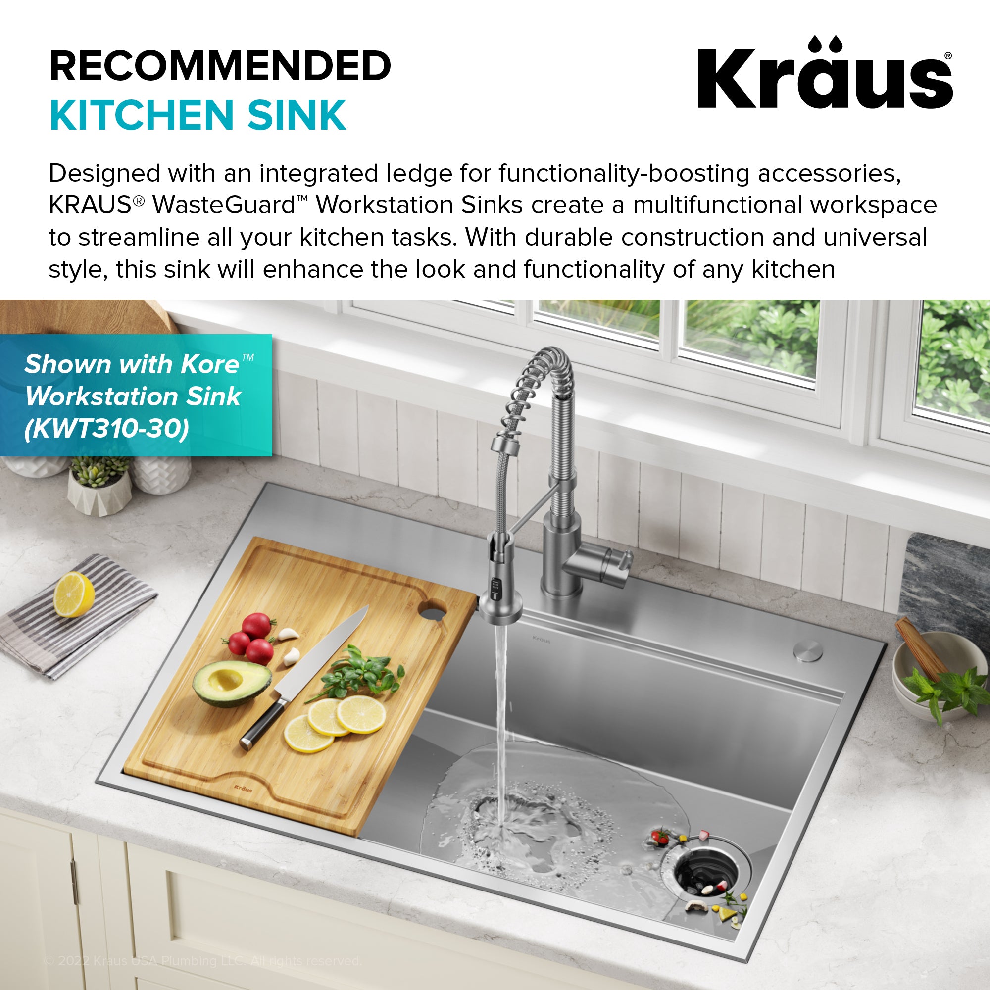 KRAUS WasteGuard High-Speed 1 HP Continuous Feed Ultra-Quie Garbage Disposal with Power Cord - Flange Included