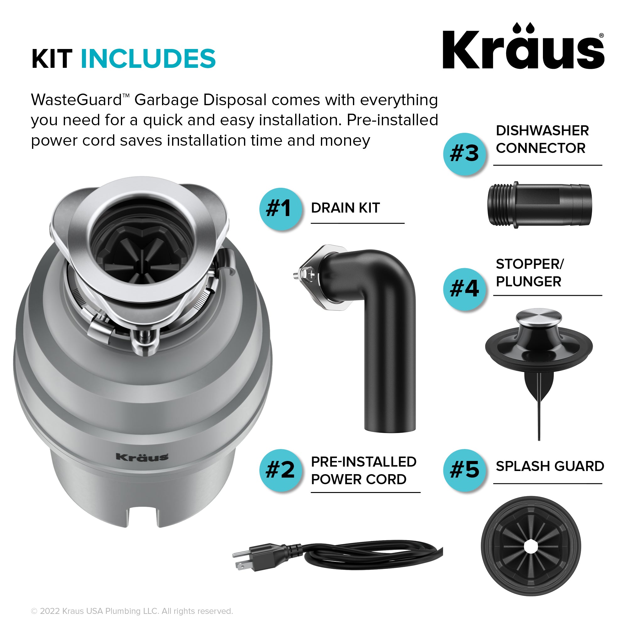 KRAUS WasteGuard High-Speed 1 HP Continuous Feed Ultra-Quie Garbage Disposal with Power Cord - Flange Included