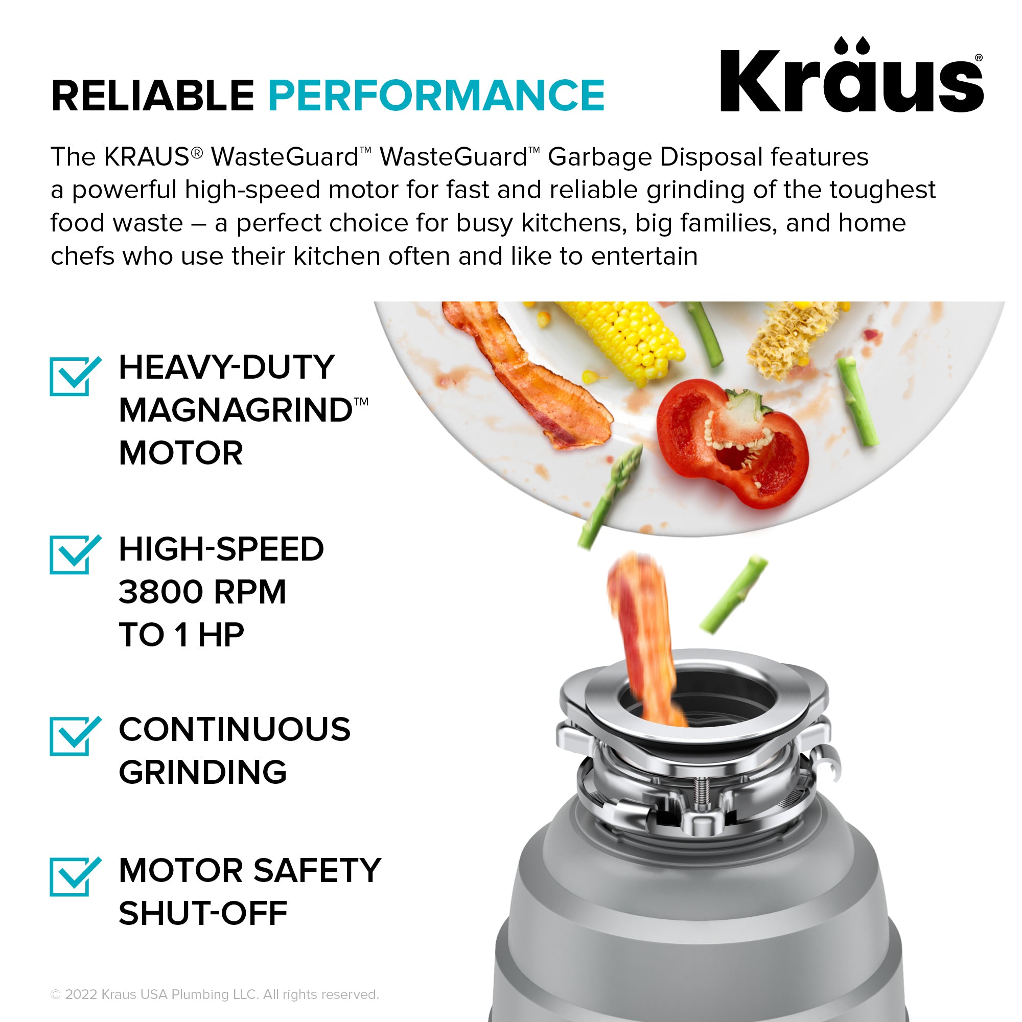 KRAUS WasteGuard High-Speed 1 HP Continuous Feed Ultra-Quie Garbage Disposal with Power Cord - Flange Included