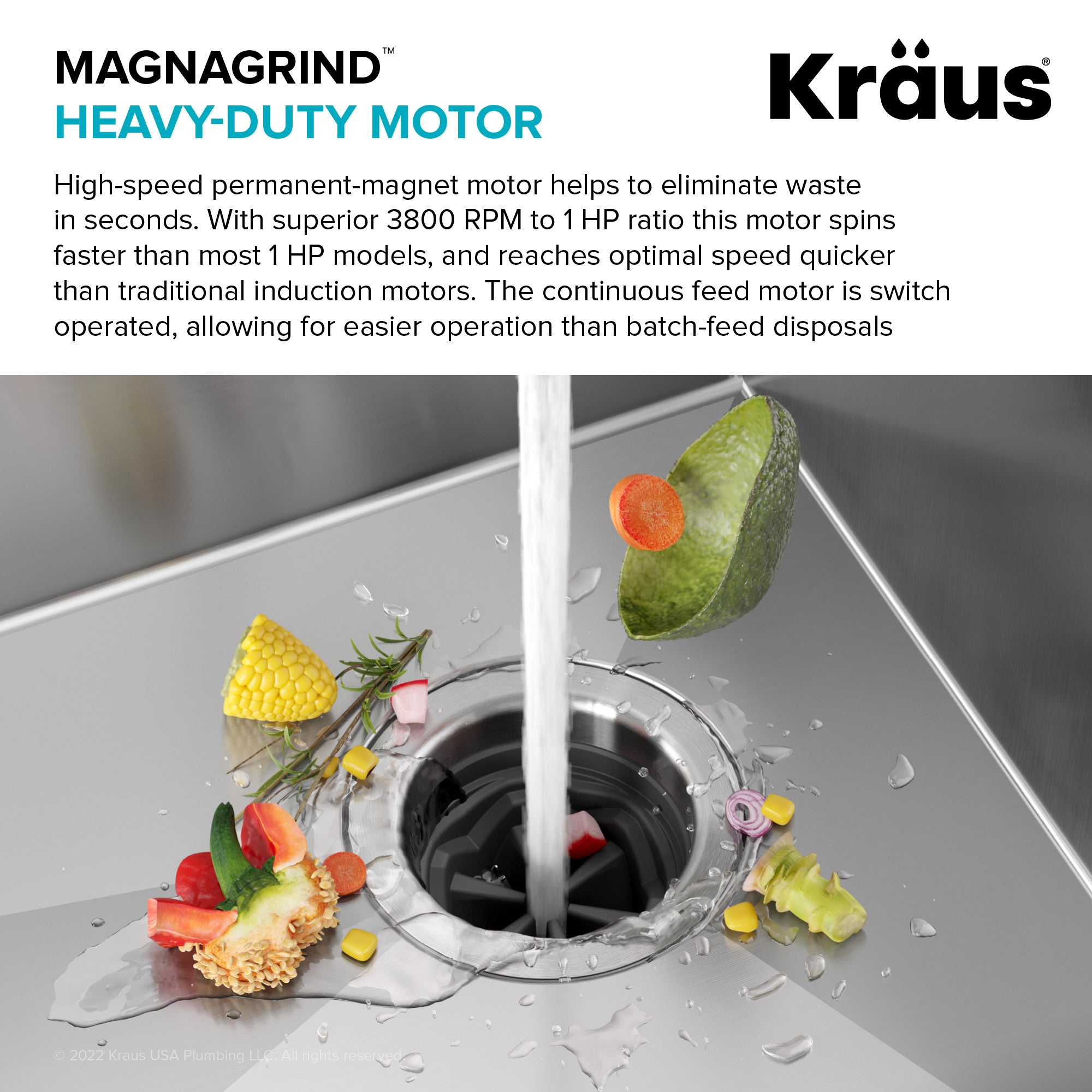 KRAUS WasteGuard High-Speed 1 HP Continuous Feed Ultra-Quie Garbage Disposal with Power Cord - Flange Included