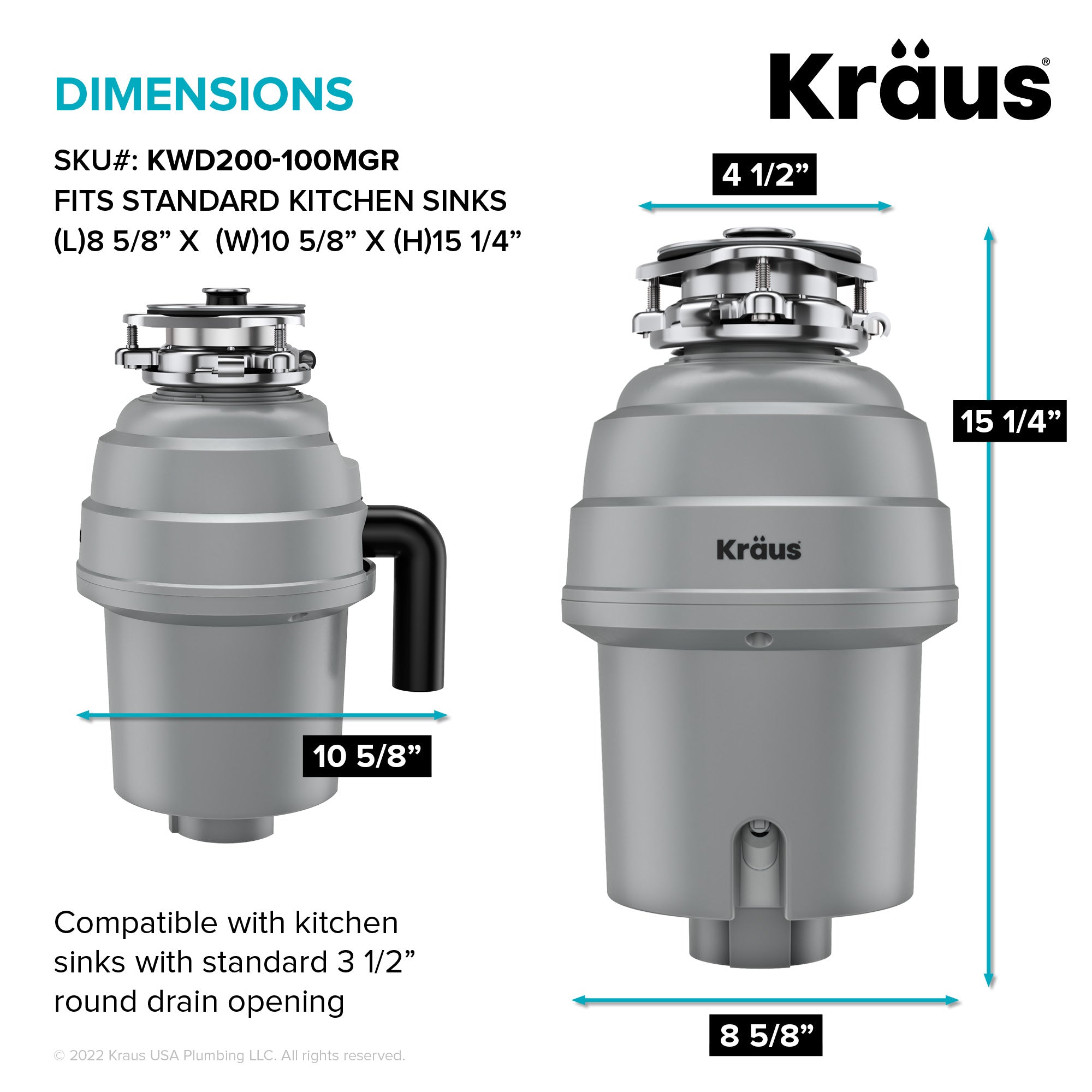 KRAUS WasteGuard High-Speed 1 HP Continuous Feed Ultra-Quie Garbage Disposal with Power Cord - Flange Included