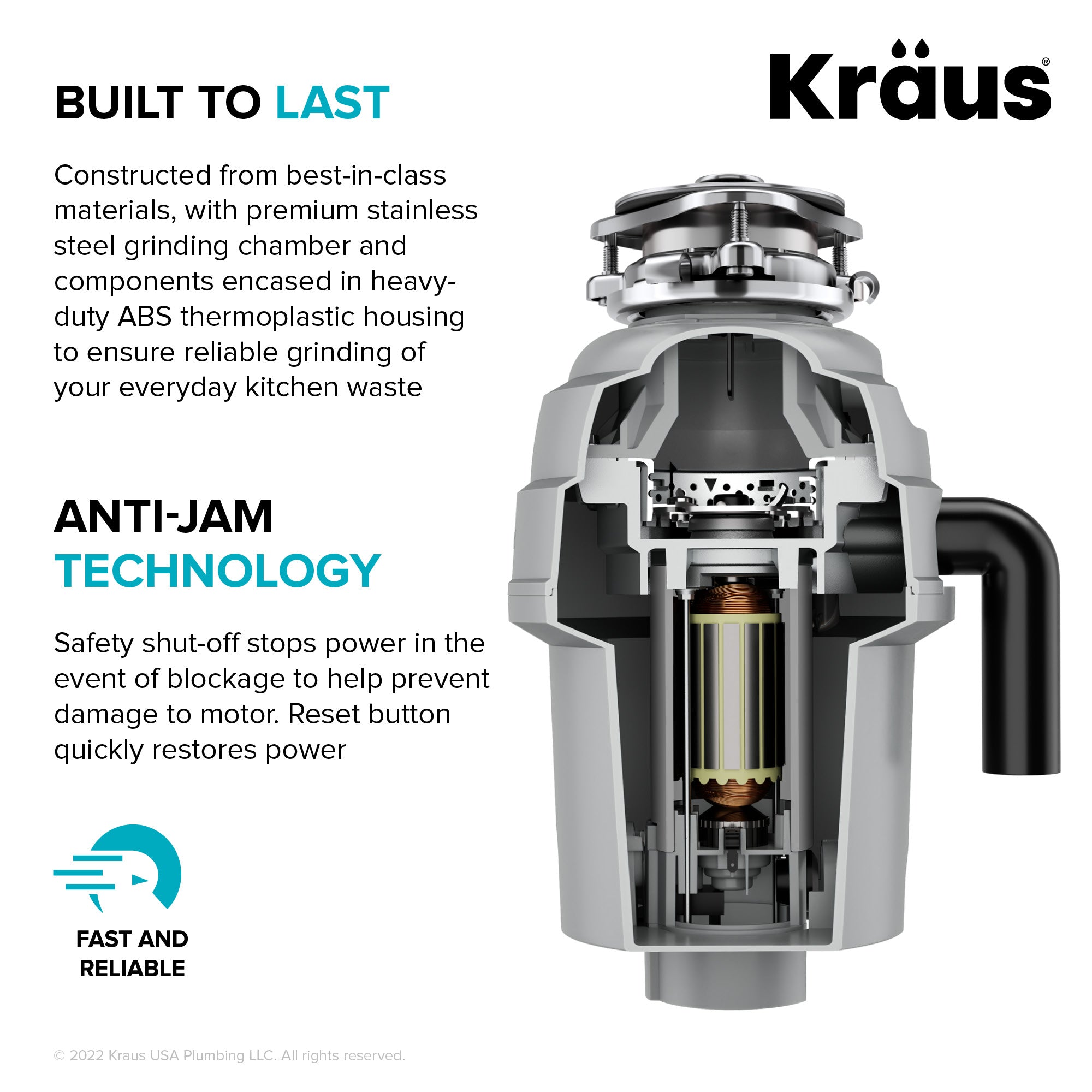 KRAUS WasteGuard High-Speed 1 HP Continuous Feed Ultra-Quie Garbage Disposal with Power Cord - Flange Included