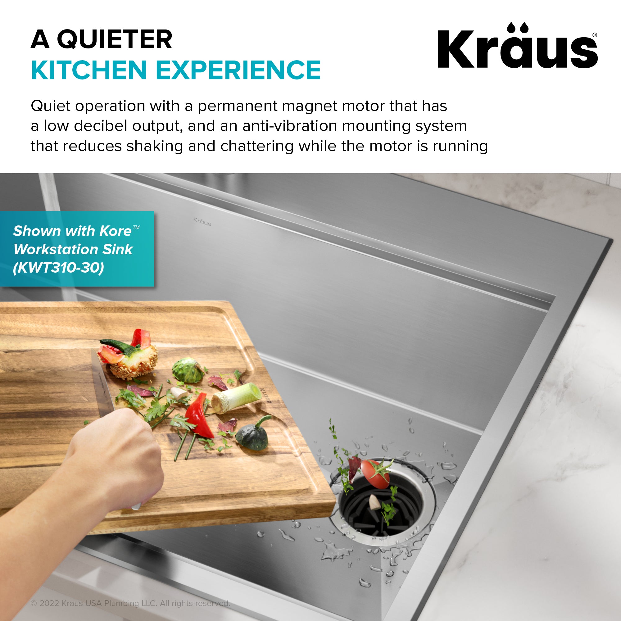 KRAUS WasteGuard High-Speed 1 HP Continuous Feed Ultra-Quie Garbage Disposal with Power Cord - Flange Included