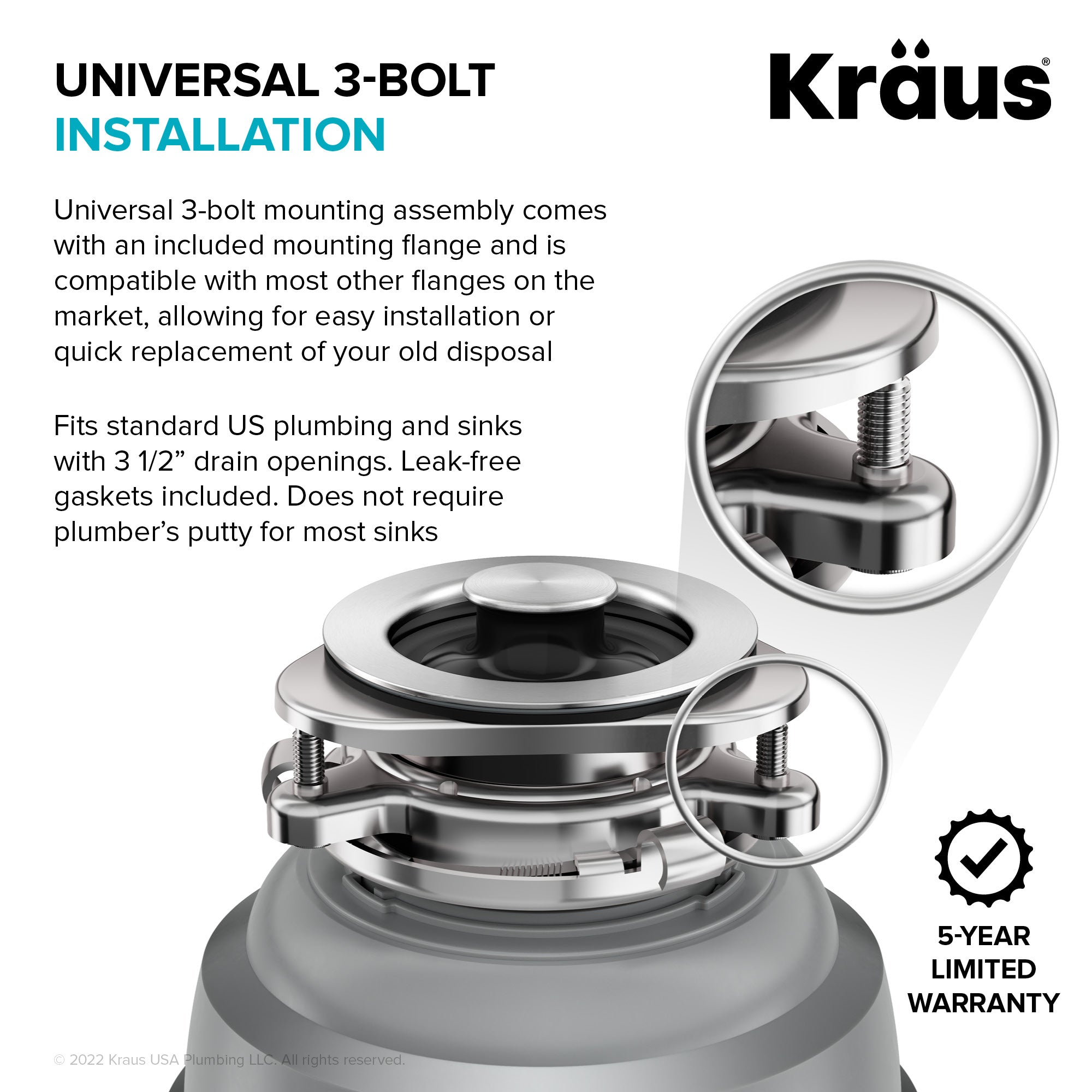 KRAUS WasteGuard High-Speed 3/4 HP Continuous Feed Ultra-Quiet Garbage Disposal with Power Cord - Flange Included