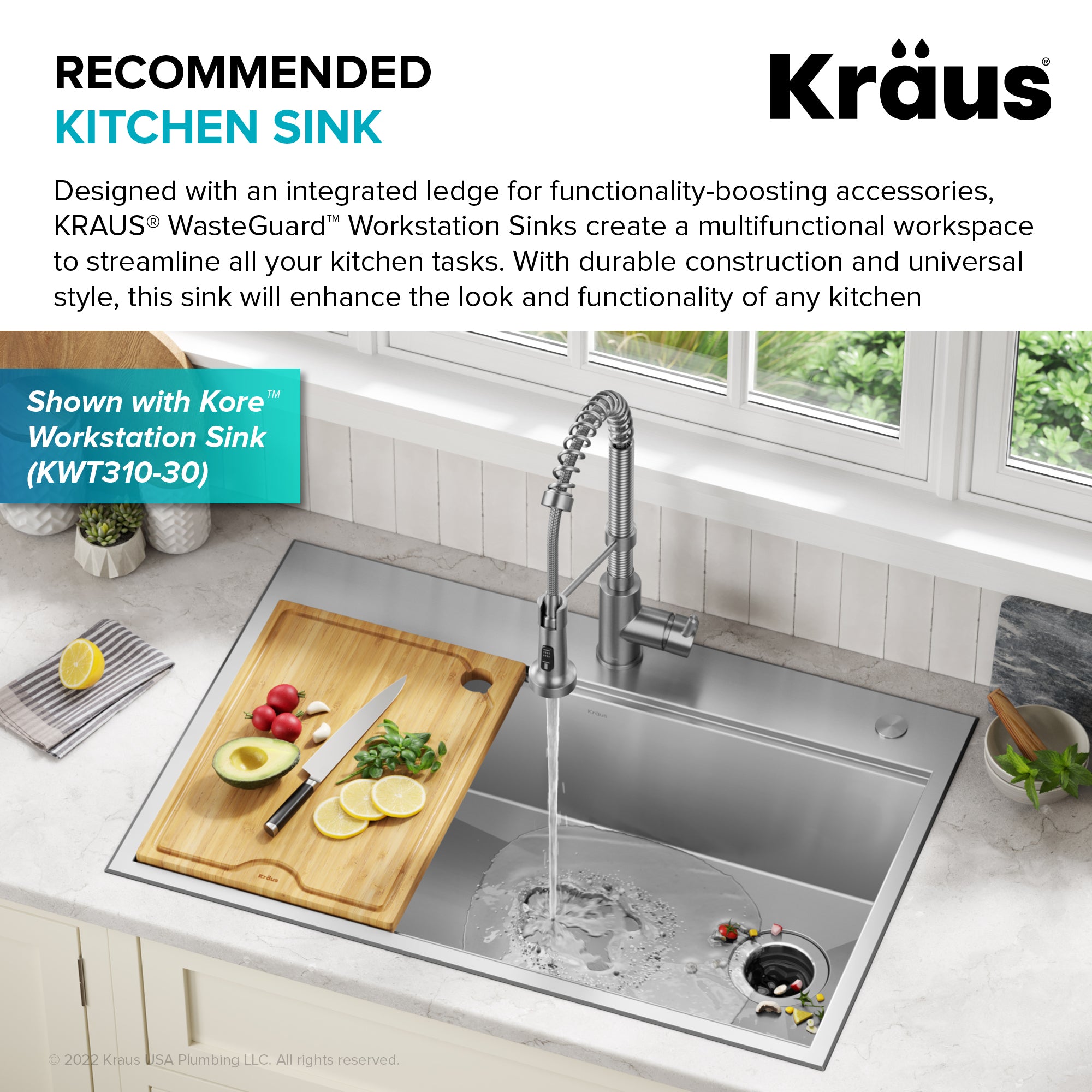 KRAUS WasteGuard High-Speed 3/4 HP Continuous Feed Ultra-Quiet Garbage Disposal with Power Cord - Flange Included