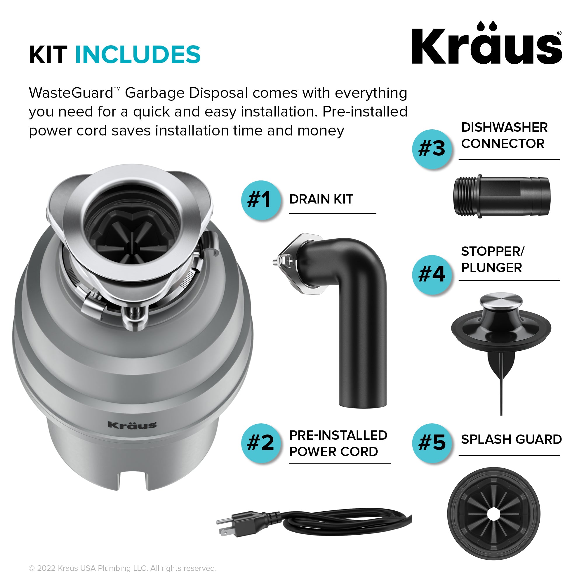 KRAUS WasteGuard High-Speed 3/4 HP Continuous Feed Ultra-Quiet Garbage Disposal with Power Cord - Flange Included