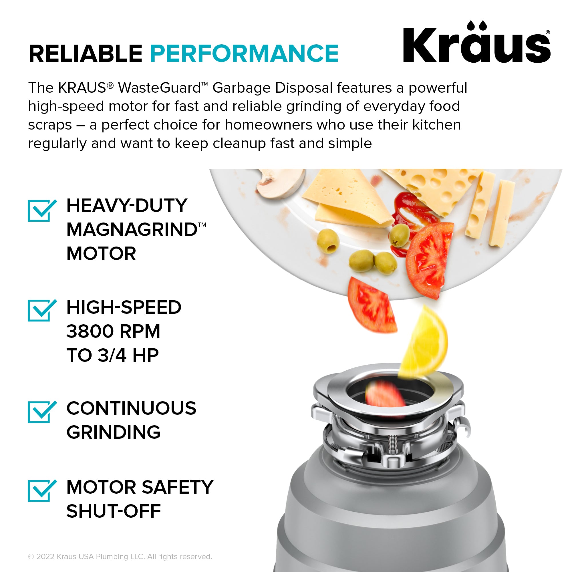 KRAUS WasteGuard High-Speed 3/4 HP Continuous Feed Ultra-Quiet Garbage Disposal with Power Cord - Flange Included