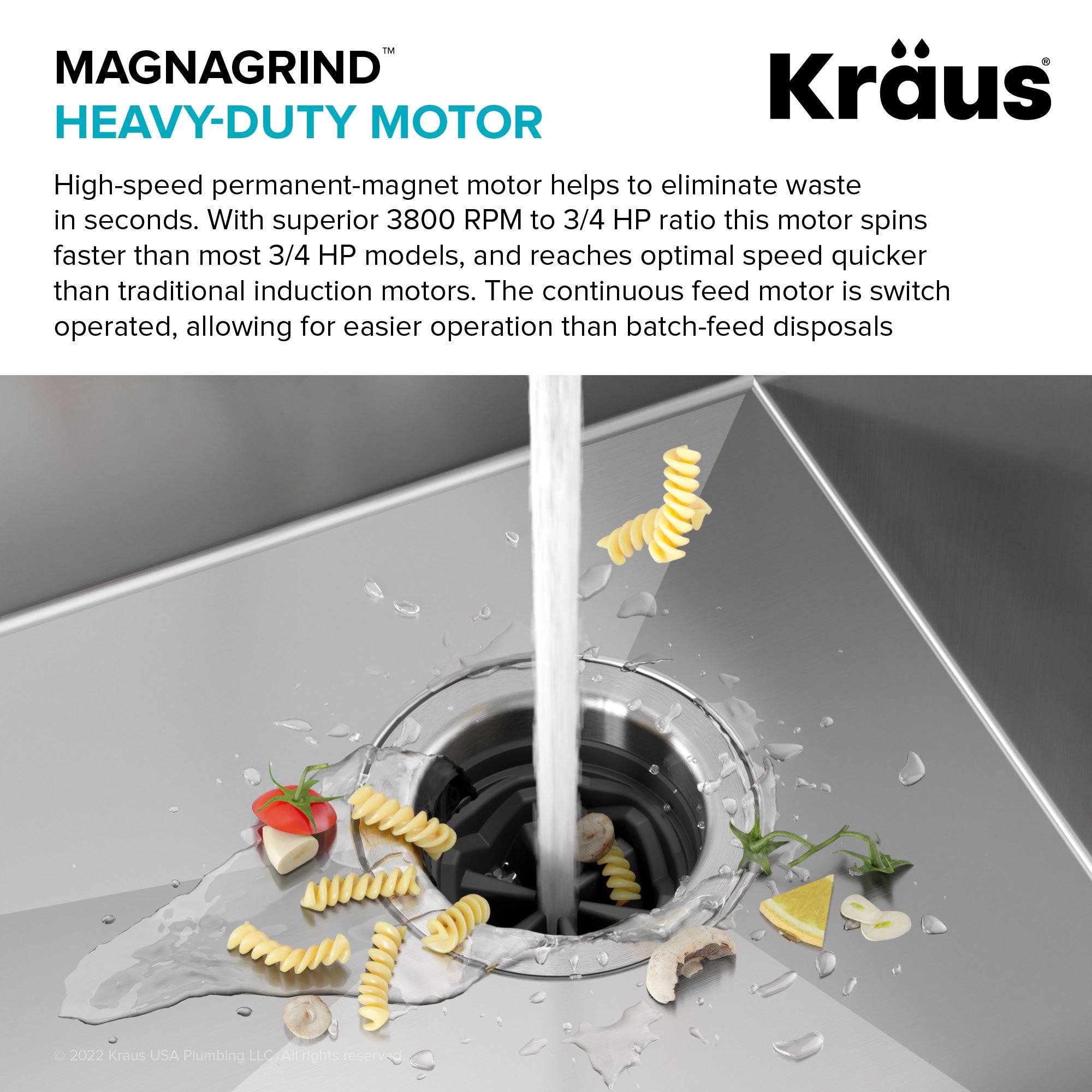 KRAUS WasteGuard High-Speed 3/4 HP Continuous Feed Ultra-Quiet Garbage Disposal with Power Cord - Flange Included