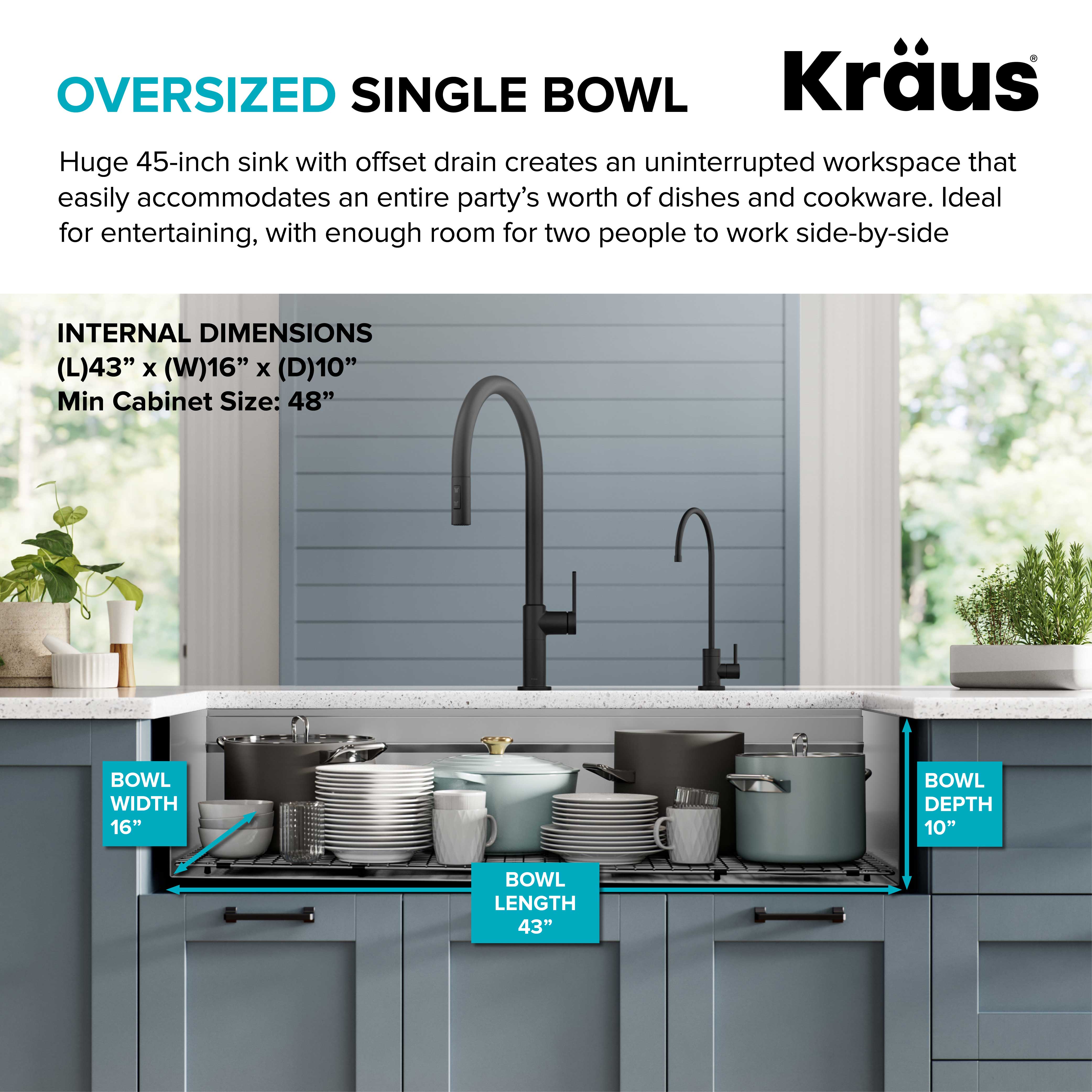 KRAUS Kore 2-Tier Workstation 45" Undermount 16 Gauge Single Bowl Stainless Steel Kitchen Sink with Accessories