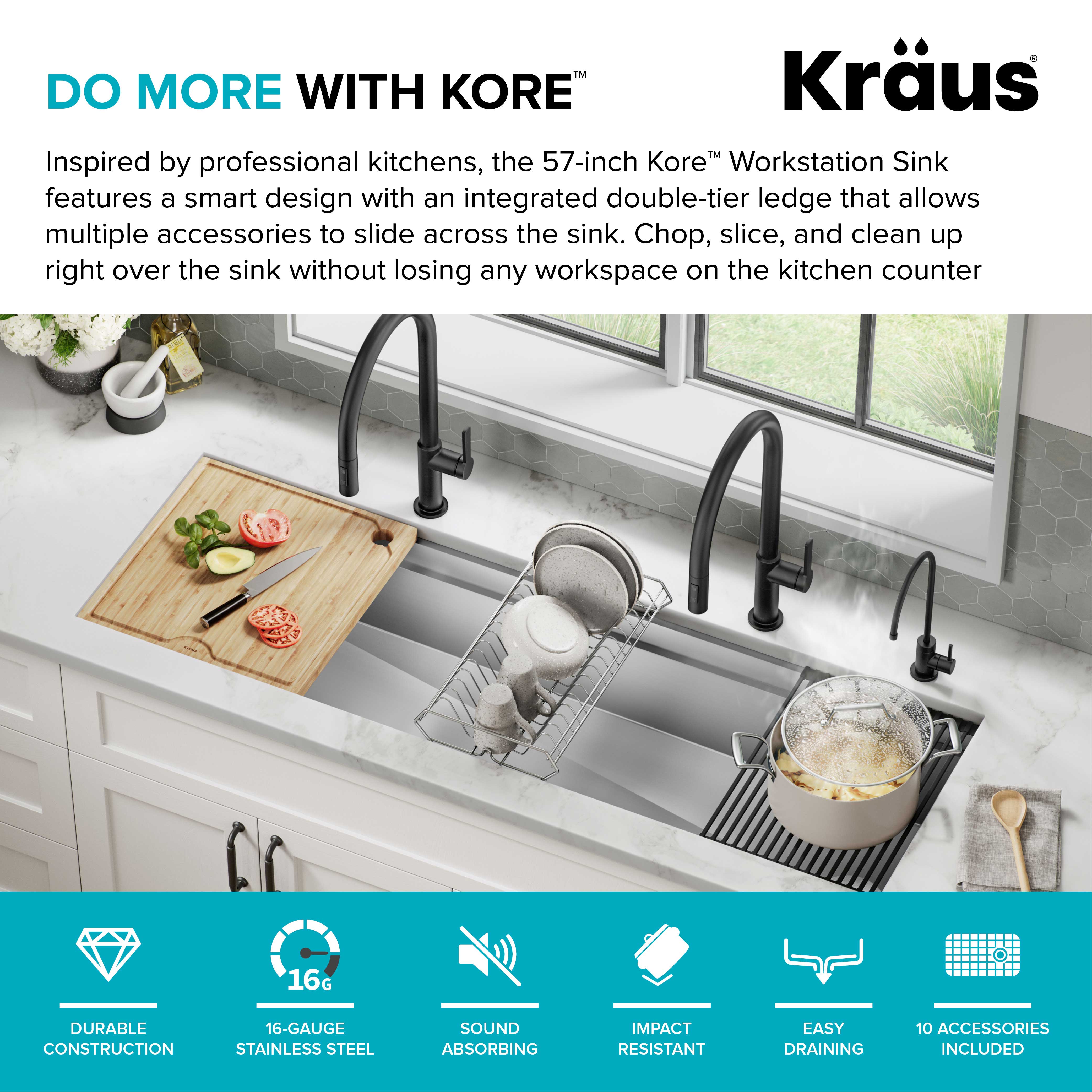 KRAUS Kore Dual Tier 57" Undermount Workstation 16 Gauge Single Bowl Kitchen Sink