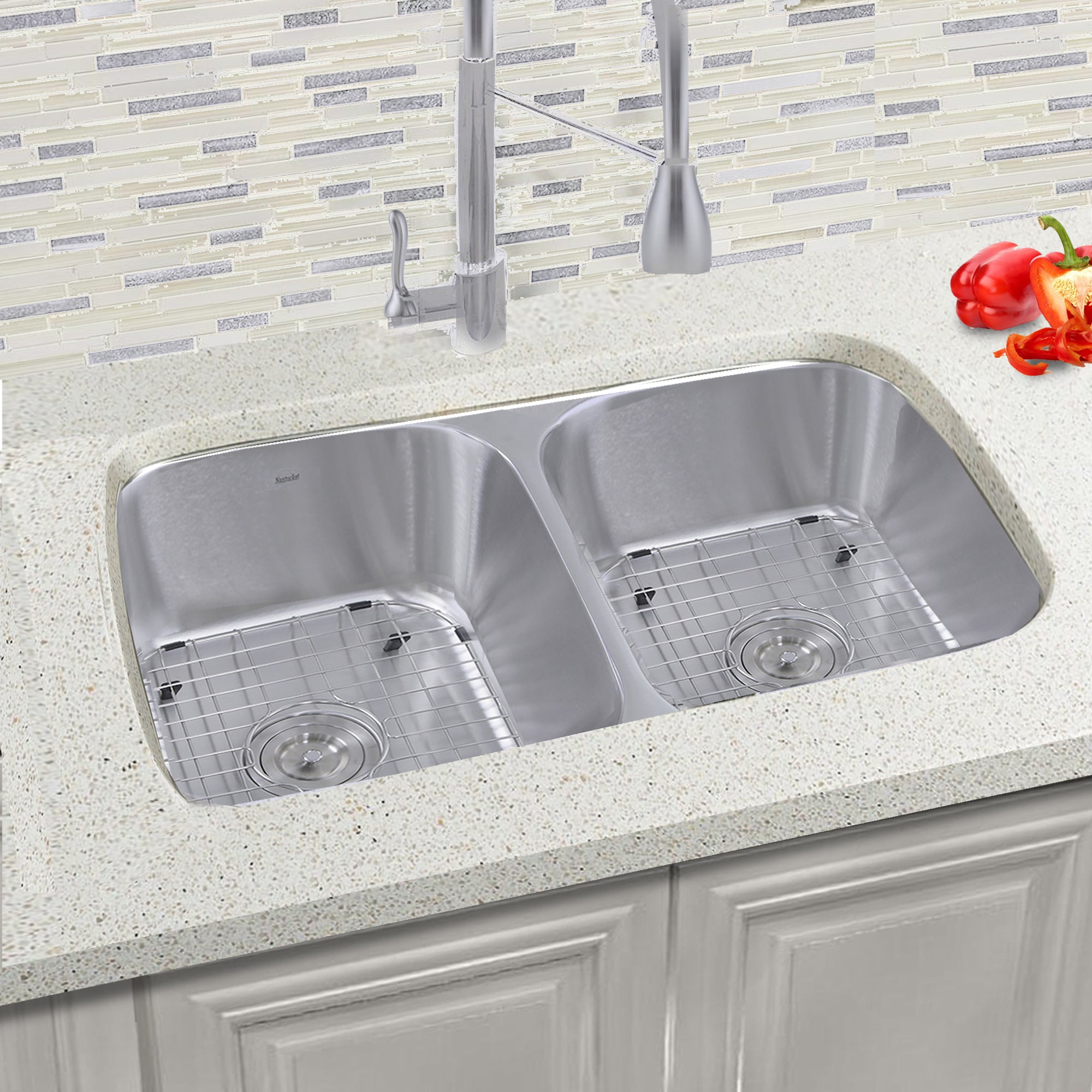 Nantucket Sinks 32.5" Double Bowl Equal Undermount Stainless Steel Kitchen Sink, 16 Gauge