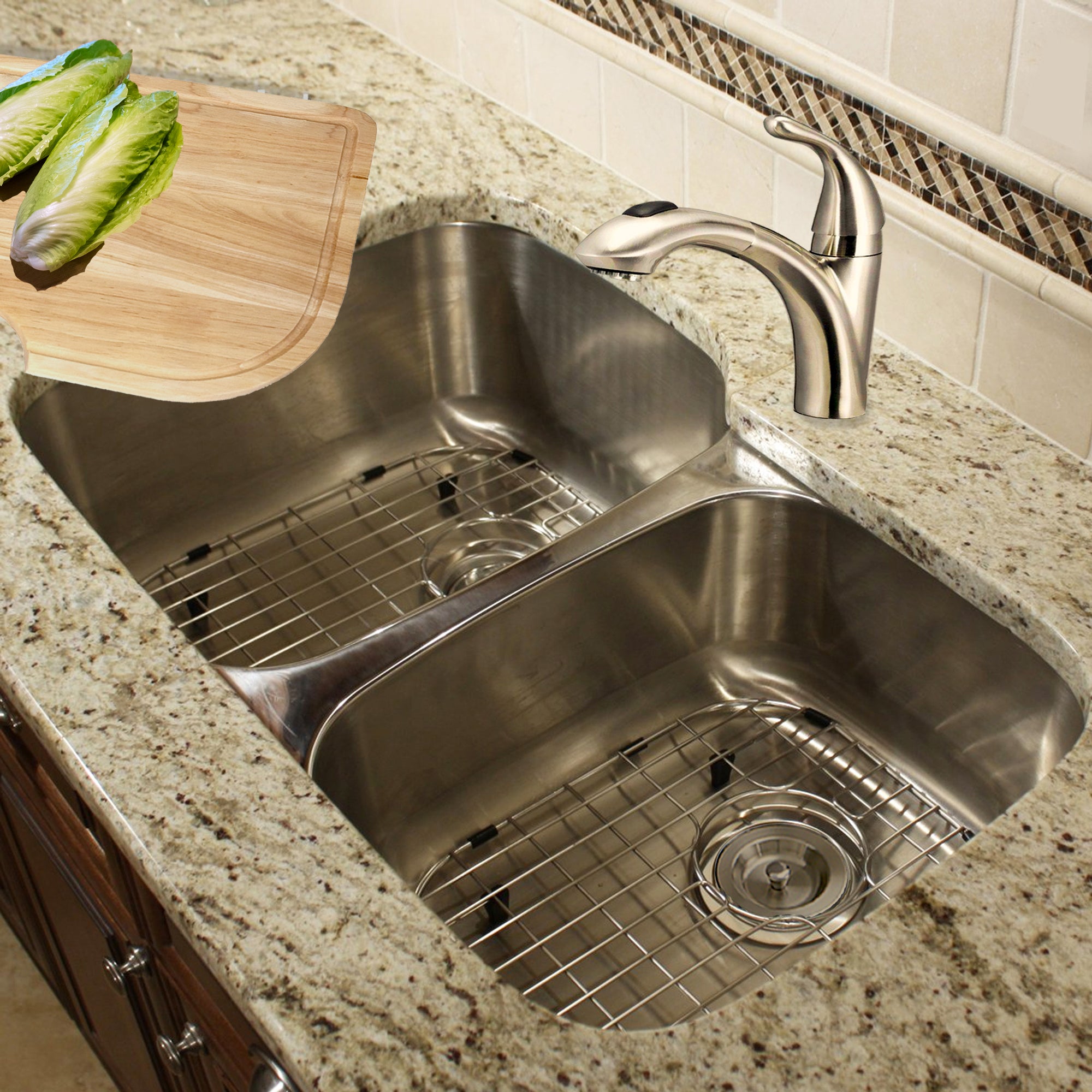 Nantucket Sinks 60/40 Double Bowl 16 Gauge Kitchen Sink with Cutting Board, Grids and Colander Drains