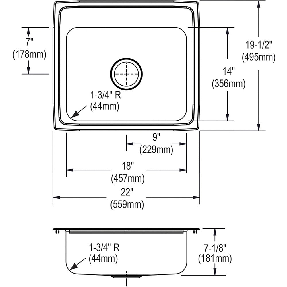 Elkay Celebrity Stainless Steel 22" x 19-1/2" x 7-1/8" Single Bowl Drop-in Sink