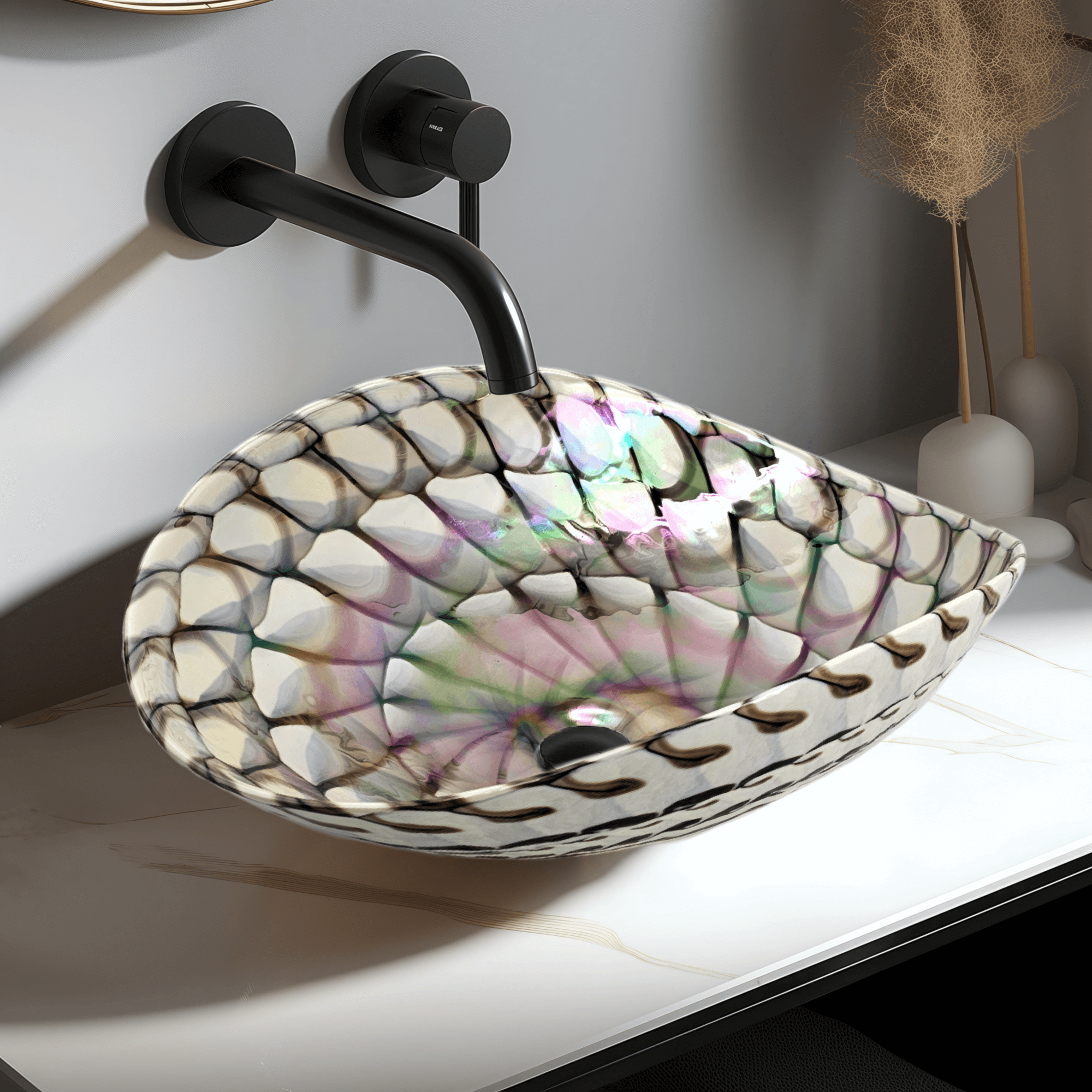 Ruvati 19" Glass Art Vessel Seashell Decorative Pattern Bathroom Sink - Nautilus Brown