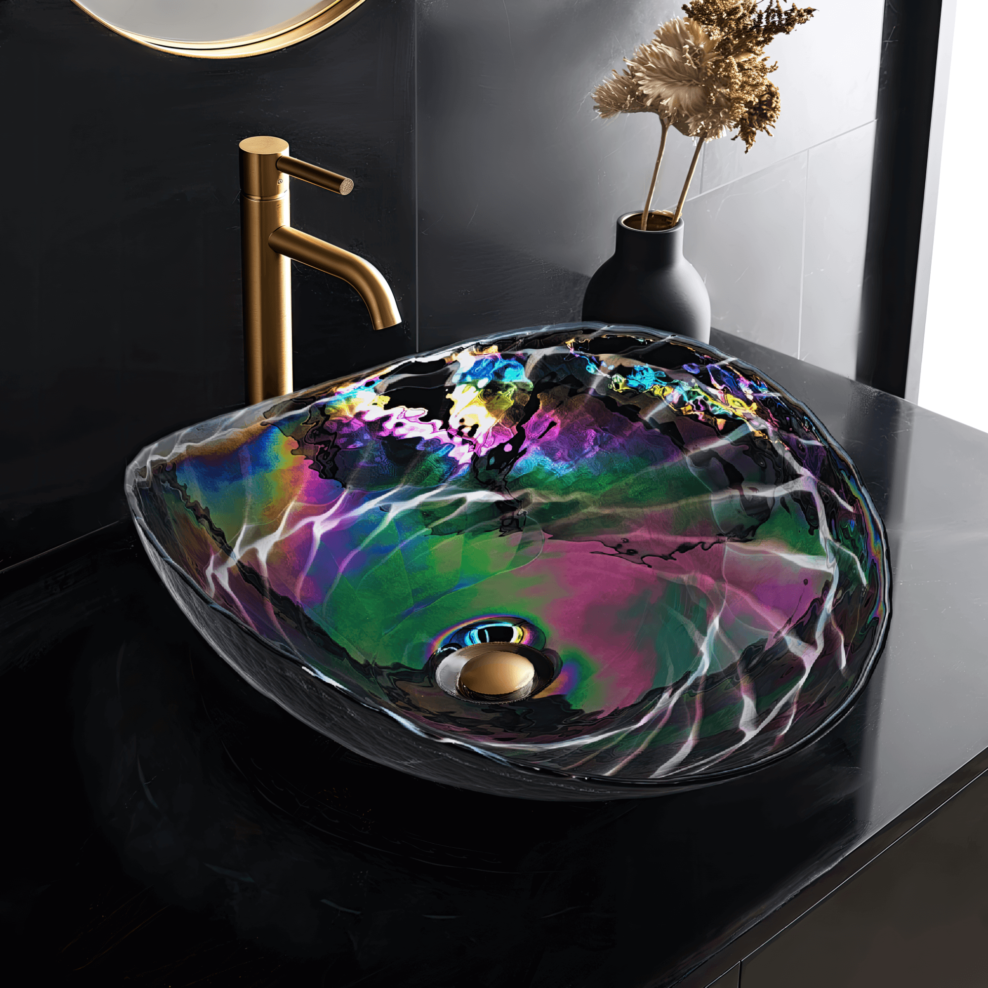 Ruvati 19" Glass Art Vessel Seashell Decorative Pattern Bathroom Sink - Cosmic Black