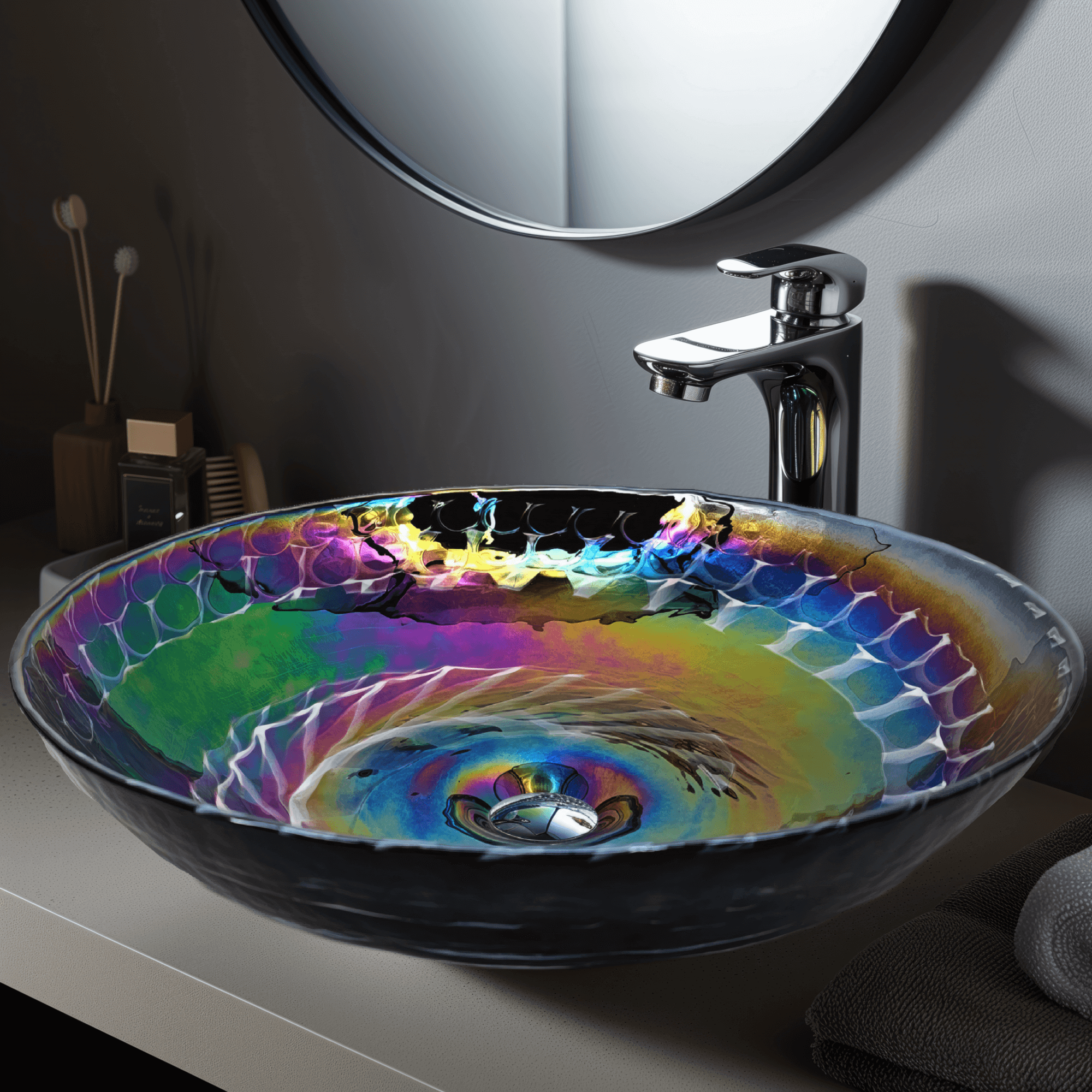 Ruvati 16" Glass Art Vessel Circle Decorative Pattern Bathroom Sink - Cosmic Black