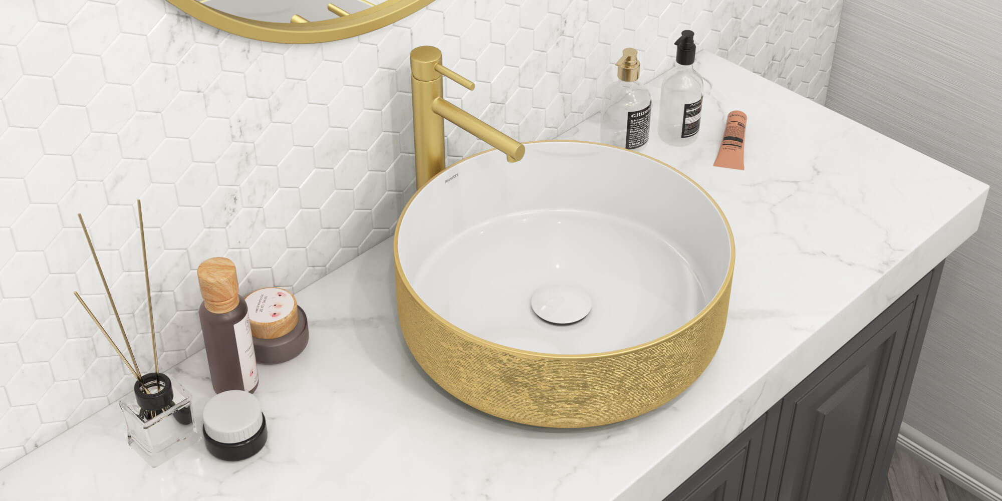 Ruvati 14" Round Bathroom Vessel Sink | White with Gold Exterior