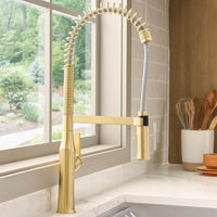 Ruvati Bianca Brushed Gold Single Handle Kitchen Faucet Tall High Arc Commercial with Pre-Rinse Sprayer - RVF1233SG