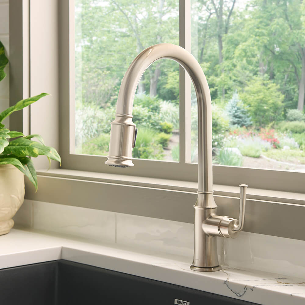 Ruvati Simoni Stainless Steel Pull Down Kitchen Faucet Single Handle Traditional Gooseneck with Pull Out Sprayer - RVF1234BN