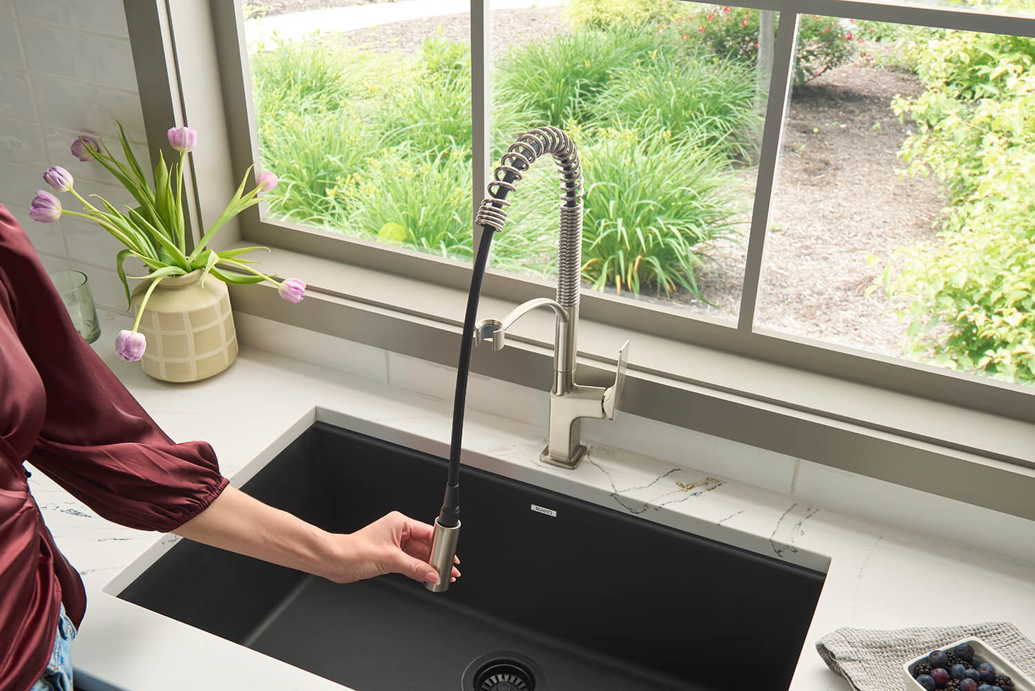 Ruvati Seneca Stainless Steel Single Handle Pull Down Kitchen Faucet Modern Sharp Style with Pre-Rinse Sprayer - RVF1236BN