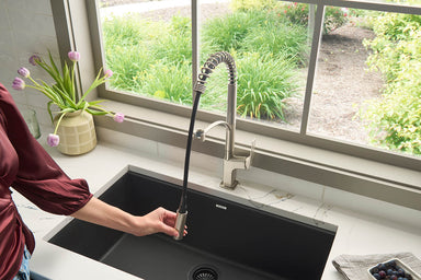 Ruvati Seneca Stainless Steel Single Handle Pull Down Kitchen Faucet Modern Sharp Style with Pre-Rinse Sprayer - RVF1236BN