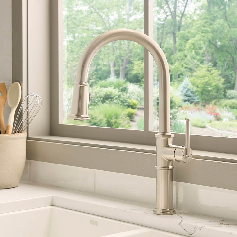 Ruvati Idris Single Handle Pull Down Kitchen Contemporary Art Deco Faucet with Sprayer in Brushed Nickel / Stainless Steel - RVF1239BN
