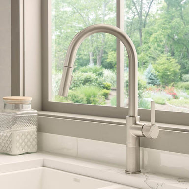 Ruvati Isola Single Handle Pull Down Kitchen Faucet Knurling Contemporary Tall Arc in Stainless Steel - RVF1248BN