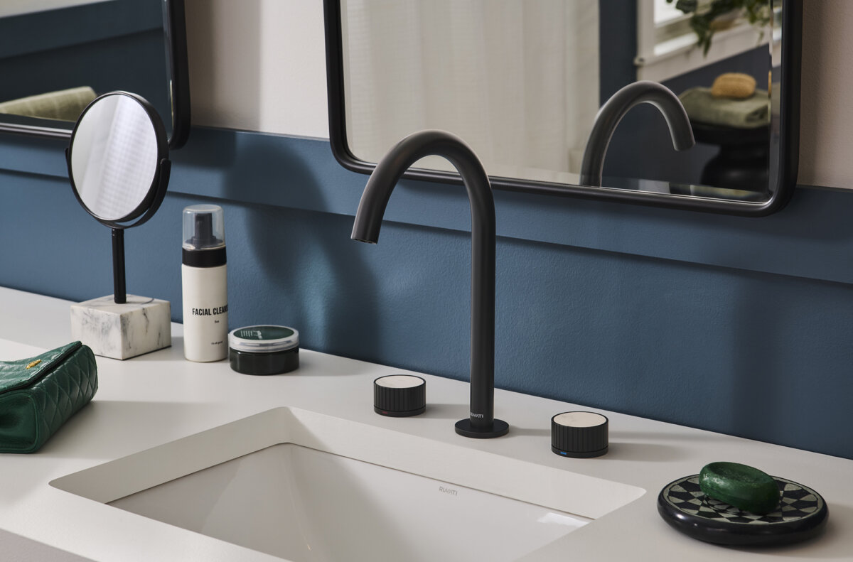 Ruvati Athena Stone Marble Inlay Fluted Widespread Bathroom Faucet in Matte Black