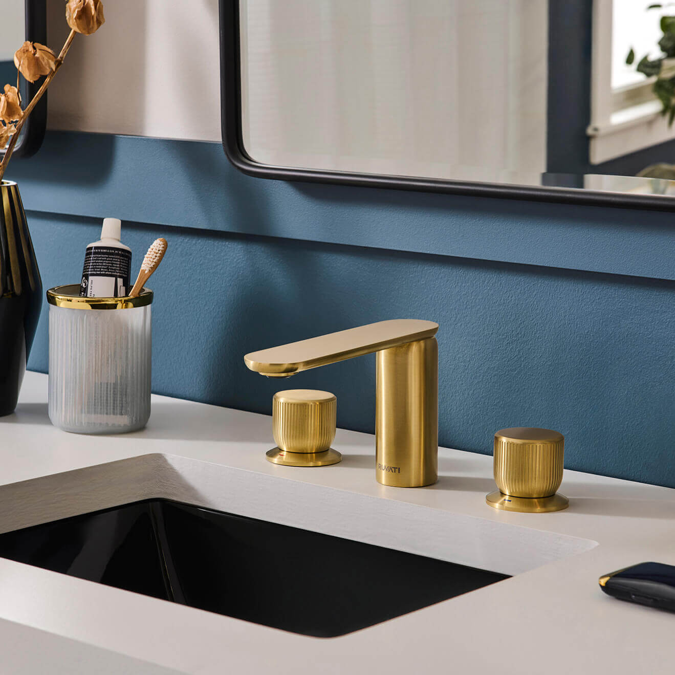 Ruvati Fabio Two Handle Widespread Textured Luxury Knob Bathroom Faucet in Brushed Gold - RVF5235SG