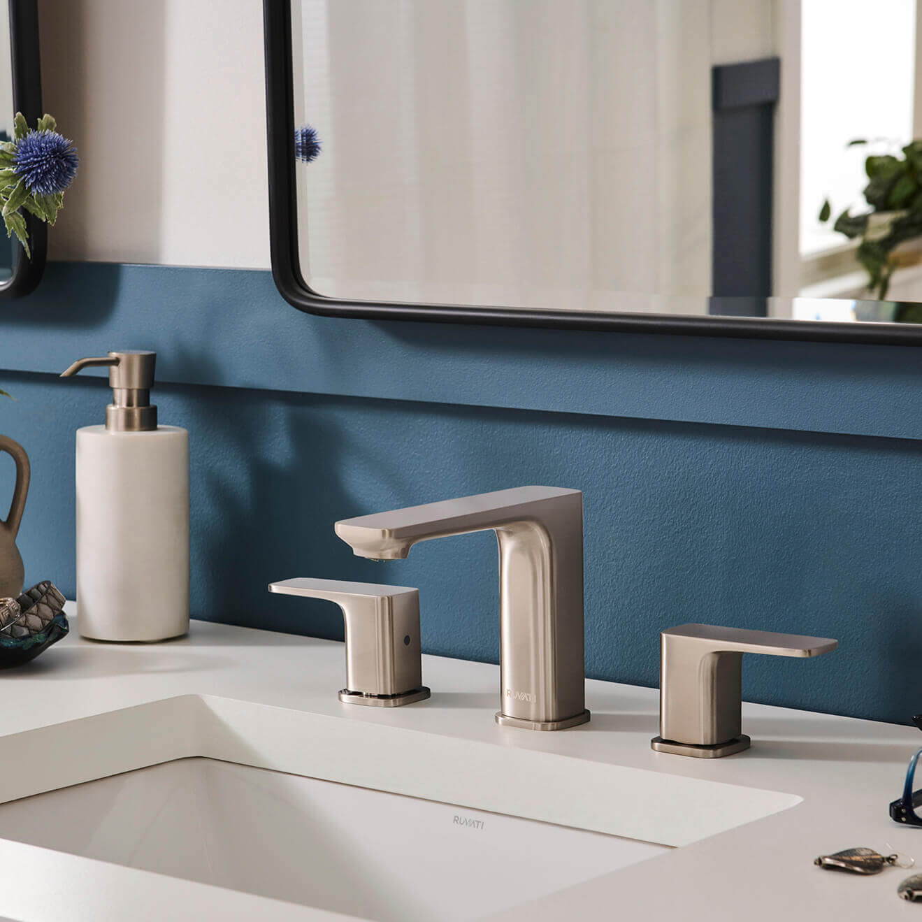 Ruvati Lanai Two Handle Widespread Modern Rectangular Square Bathroom Faucet in Brushed Nickel Stainless - RVF5237BN